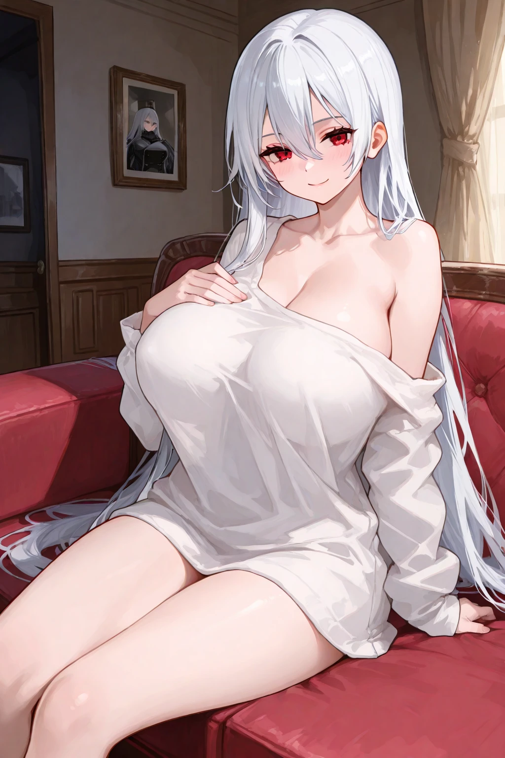 best quality　high resolution　one young pretty woman　red eyes　white hair neat　medium perm　cute soft girl　Cat ear　Fascinating naked monk&#39;s robe　church　breastfeeding service　The huge breasts of a virgin killer with amazing charm　Sexless　breast milk　gasp　nun