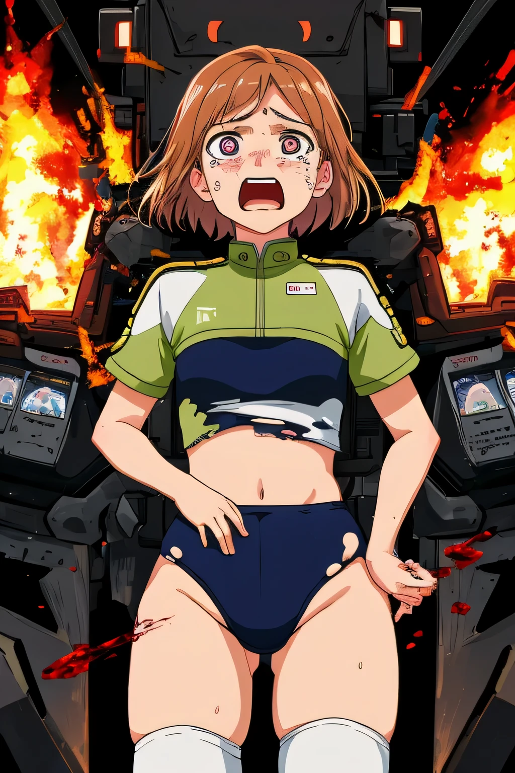 cockpit_explosion, fire, electricity, screaming, explosion, science fiction, wide-eyed, tearing clothes, standing, blood, scared, sweat, crying, mecha, torn clothes, tears, cockpit,1girl、wearing black gymnastics bloomers,high leg,white blouse,cowboy shot,self wedgie,bloomers pull myself,後ろに寄りかかる、体を反らせる、後ろに反らせる、串刺し、体を後ろに反らせる、エビ反り,爆風、衝撃、破壊、吹き飛ぶ、消滅、焼き尽くされる
