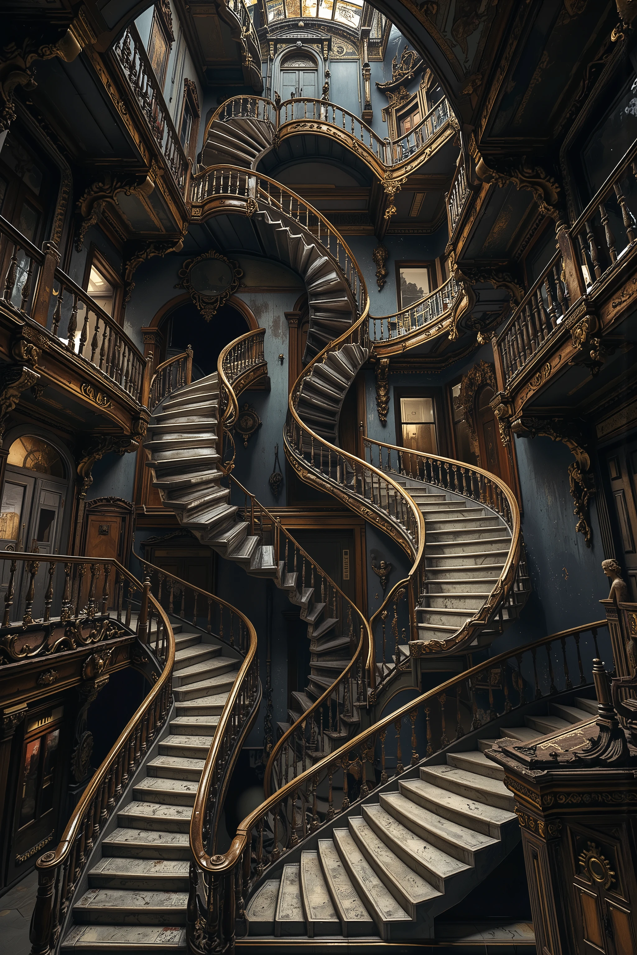Architectural nightmare escalated: A beautiful Victorian mansion dominated by a complicated and infinite labyrinth of staircases - grand marble stairs spiral upward dozens of times, super high ceilings, wooden stairs, strong wood and posts, spiral staircases twist into floors and individual rooms. Each stairwell defies logic. Very Ornate banisters wrap around stairs like twisted DNA strands, leading to unknown areas. Thick wood, strong, luxurious looking, detailed, intricate details and
Walls plagued by a plague of doors - hundreds of ornate Victorian doors of various sizes and styles randomly embedded in walls and, ceiling. Some doors float halfway through walls, others scale impossibly small or massive. Each door bears unique, haunting details - brass knockers shaped like screaming faces, doorknobs that seem to turn on their own, keyholes that leak black ichor. All doors are permanently sealed, some with visible rooms behind them visible through gaps but impossibly unreachable.
Main staircase splits into five directions mid-flight, complex mechanical components, and architectural madness, blueprints of the ridiculous kind, overly complex, ornate beyond sanity.
Doors are eithervclosed or only an open door frame, with more stairs beyond, and elaborate moldings come out of walls and twist into Lovecraftian benches and rest areas.
Captured in perfect horrific detail - rendered in ultra-realistic photography style. Professional lighting emphasizes architectural impossibilities while maintaining photographic authenticity. Ultra-realistic, photo-realistic, ultra-detailed, physically-based rendering, professional movie quality images, icon style, iconic characters, macabre, spooky, scary, startling, stunning, visually intoxicating, freaky, odd, unusual, depressing, avant-garde, unique, innovative, striking, captivating, mesmerizing, hypnotic, trance-inducing, mind-bending, consciousness-expanding, enlightening, cinematic photography, cinematography, full focus, highest quality images, cinematic lighting, dramatic atmosphere, decaying ruins, 16k, unnerving, unsettling, disturbing, twisted, decaying, surreal, disquieting, startling, bizarre, creepy, weird, haunting, masterpiece.