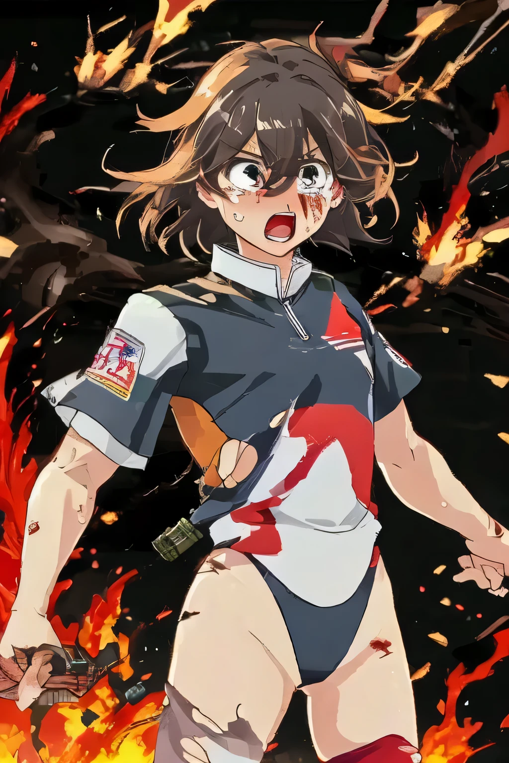 cockpit_explosion, fire, electricity, screaming, explosion, science fiction, wide-eyed, tearing clothes, standing, blood, scared, sweat, crying, mecha, torn clothes, tears, cockpit,1girl、wearing black gymnastics bloomers,high leg,white blouse,cowboy shot,self wedgie,bloomers pull myself,後ろに寄りかかる、体を反らせる、後ろに反らせる、串刺し、体を後ろに反らせる、エビ反り,爆風、衝撃、破壊、吹き飛ぶ、消滅、焼き尽くされる