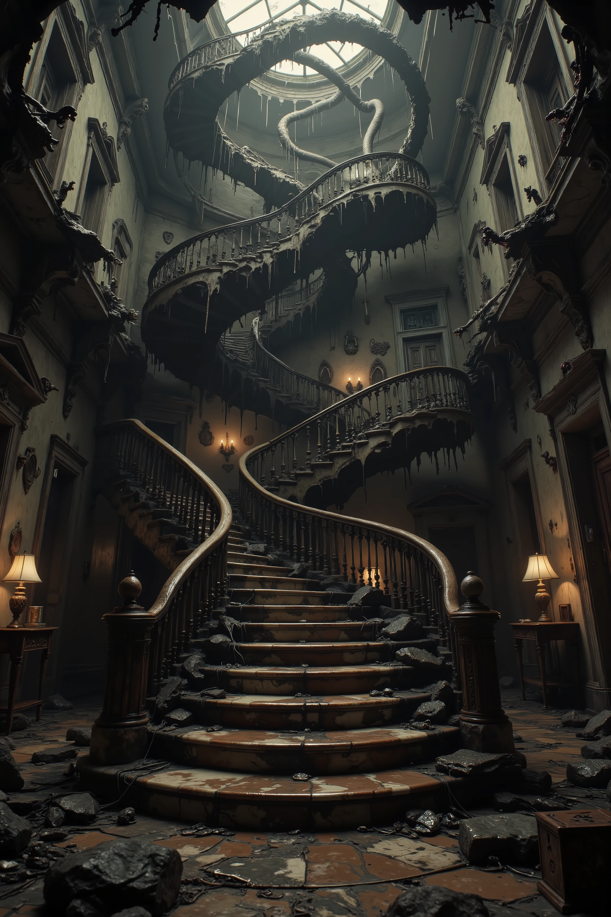 Ultra realistic, photo Architectural design, complex nightmare escalated: Victorian mansion dominated by an infinite labyrinth of staircases - grand marble stairs spiral upward only to abruptly end at the ceiling, wooden stairs descend into their shadows, spiral staircases twist into impossible knots. Each stairwell defies physics - some steps float unsupported, others fold back on themselves like Penrose steps, several fade into fog-filled voids. Ornate banisters wrap around stairs like twisted DNA strands, leading to nowhere. Complicated.
Walls plagued by a plague of doors - hundreds of ornate Victorian doors of various sizes and styles randomly embedded in walls, ceiling, and even the floor. Some doors float halfway through walls, others scale impossibly small or massive. Each door bears unique, haunting details - brass knockers shaped like screaming faces, doorknobs that seem to turn on their own, keyholes that leak black ichor. All doors are permanently sealed, some with visible rooms behind them visible through gaps but impossibly unreachable. complicated
Main staircase splits into five directions mid-flight - each section leading to different impossible endpoints: one vanishes into darkness, another curves upward into itself, the third phases through a solid wall, the fourth shrinks to miniature size, fifth inverts gravity. Secondary staircases appear and disappear around corners, visible only from certain angles, creating a perpetual sense of architectural instability.
Doors cluster in violated patterns - some intersect at wrong angles, others appear upside down or sideways, few seem to breathe. Victorian door frames warp around sealed entrances, and elaborate moldings twist into Lovecraftian patterns. Some doors cast shadows in the wrong directions, others reflect non-existent light.
Captured in perfect horrific detail - every impossible stair angle, each sealed door's intricate detail, all spatial violations rendered in ultra-realistic photography style. Professional lighting emphasizes architectural impossibilities while maintaining photographic authenticity. Spooky, scary, startling, stunning, Awe-Inspiring, breathtaking, hyperrealistic, 3D Rendering, 8K, high-res, masterpiece.