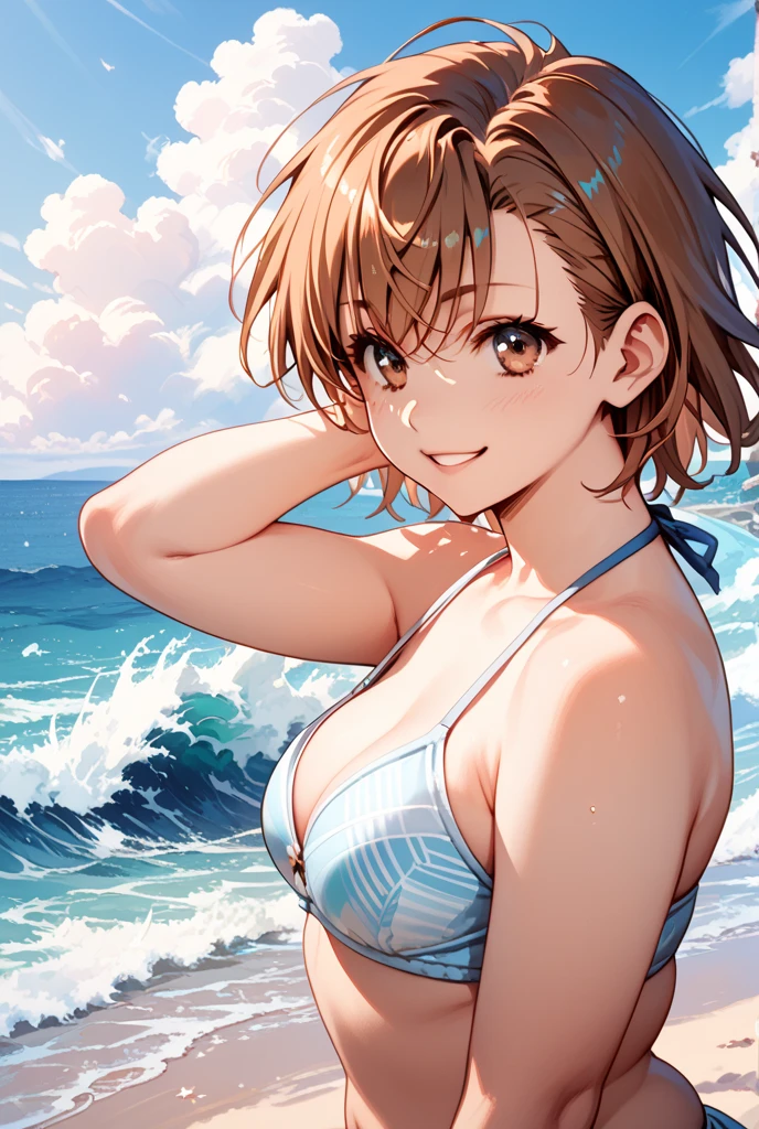 irohaisshiki, iroha isshiki, short hair, Brown Hair, (Brown eyes:1.5), smile,Yellow string bikini swimsuit,Hibiscus hair accessory,barefoot,Big straw hat,Palm tree,Clear skies,whole bodyがイラストに入るように,Walking,
break outdoors, Beach,Sandy Beach,
break looking at viewer,whole body,
break (masterpiece:1.2), highest quality, High resolution, unity 8k wallpaper, (figure:0.8), (Beautiful fine details:1.6), Highly detailed face, Perfect lighting, Highly detailed CG, (Perfect hands, Perfect ???????),