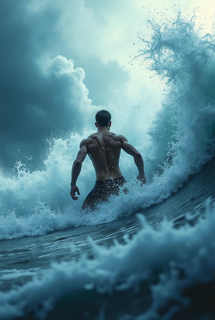 Man sinking in ocean with dangerous waves 