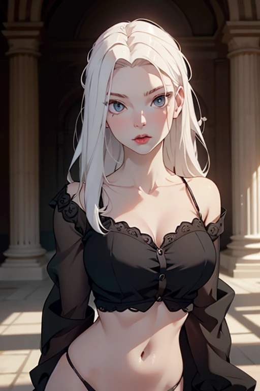 White elf girl, very long flowing hair, white eye color, small eyes, realistic human eye shape, round eye shape, eyeliner, realistic face shape. black lace low cut dress, portrait, wearing a black hood, black background, chest showing, NSFW, Depth of Field. looking at camera, dreamy look detailed eyes, detailed face, detailed skin, Ultra Detailed, Beautiful and Aesthetic, Masterpiece, Best Quality, shoulders showing. lace fabric, round chin shape. wearing black hood over hair. showing full upper body and face. wearing a black hood. hips showing, sexy waist. 