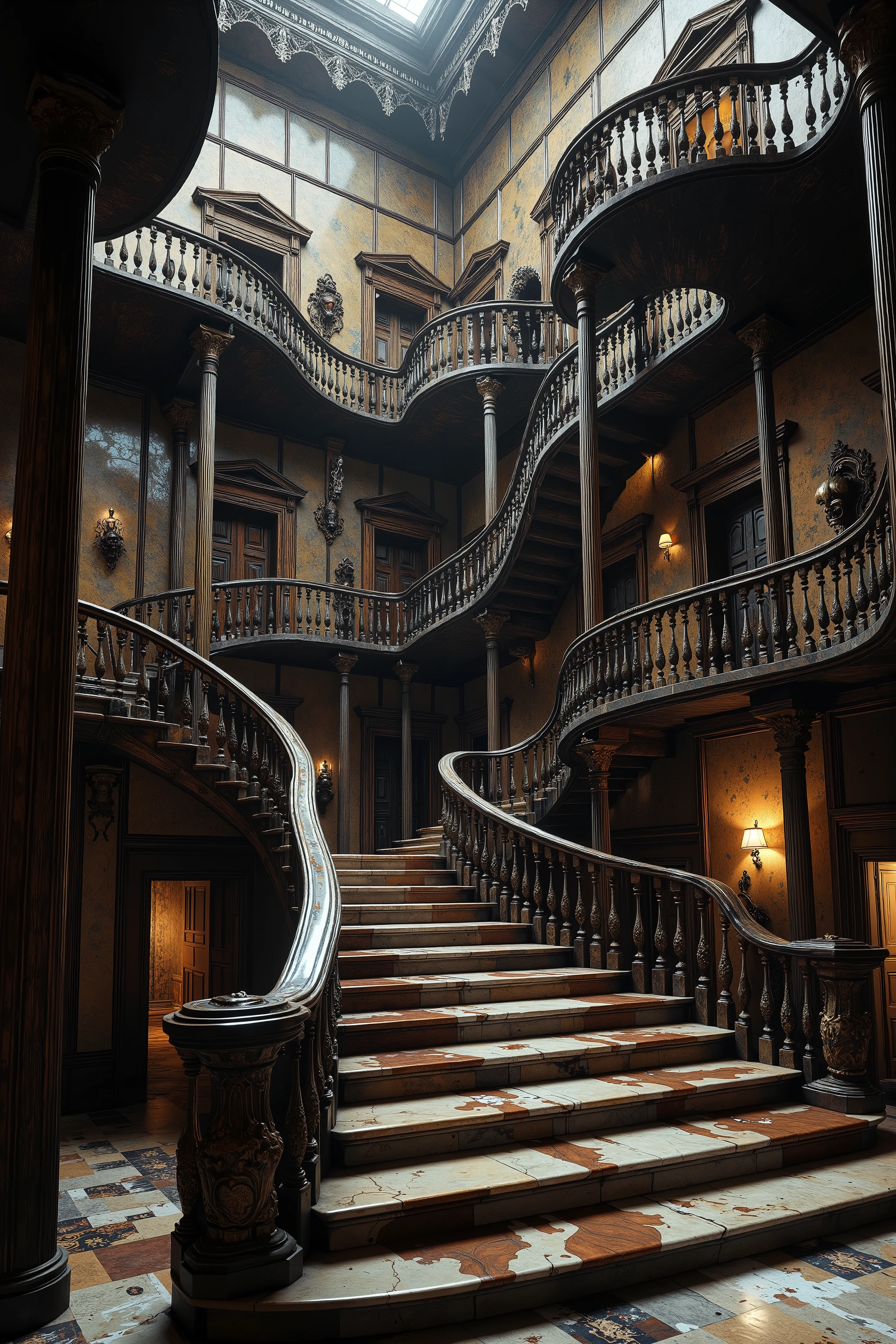 Architectural nightmare escalated: Victorian mansion dominated by infinite labyrinth of staircases - grand marble stairs spiral upward only to abruptly end at the ceiling, wooden stairs descend into their shadows, spiral staircases twist into impossible knots. Each stairwell defies physics - some steps float unsupported, others fold back on themselves like Penrose steps, several fade into fog-filled voids. Ornate banisters wrap around stairs like twisted DNA strands, leading to nowhere.
Walls plagued by a plague of doors - hundreds of ornate Victorian doors of various sizes and styles randomly embedded in walls, ceiling, and even floor. Some doors float halfway through walls, others scale impossibly small or massive. Each door bears unique, haunting details - brass knockers shaped like screaming faces, doorknobs that seem to turn on their own, keyholes that leak black ichor. All doors are permanently sealed, some with visible rooms behind them visible through gaps but impossibly unreachable.
Main staircase splits into five directions mid-flight - each section leading to different impossible endpoints: one vanishes into darkness, another curves upward into itself, the third phases through a solid wall, the fourth shrinks to miniature size, fifth inverts gravity. Secondary staircases appear and disappear around corners, visible only from certain angles, creating a perpetual sense of architectural instability.
Doors cluster in violated patterns - some intersect at wrong angles, others appear upside down or sideways, few seem to breathe. Victorian door frames warp around sealed entrances, and elaborate moldings twist into Lovecraftian patterns. Some doors cast shadows in the wrong directions, others reflect non-existent light.
Captured in perfect horrific detail - every impossible stair angle, each sealed door's intricate detail, all spatial violations rendered in ultra-realistic photography style. Professional lighting emphasizes architectural impossibilities while maintaining photographic authenticity. Ultra-realistic, photo-realistic, ultra-detailed, physically-based rendering, professional movie quality images, icon style, iconic characters, macabre, spooky, scary, startling, stunning, visually intoxicating, freaky, odd, unusual, depressing, avant-garde, unique, innovative, striking, captivating, mesmerizing, hypnotic, trance-inducing, mind-bending, consciousness-expanding, enlightening, cinematic photography, cinematography, full focus, highest quality images, cinematic lighting, dramatic atmosphere, decaying ruins, 16k, unnerving, unsettling, disturbing, twisted, decaying, surreal, disquieting, startling, bizarre, creepy, weird, haunting, masterpiece.