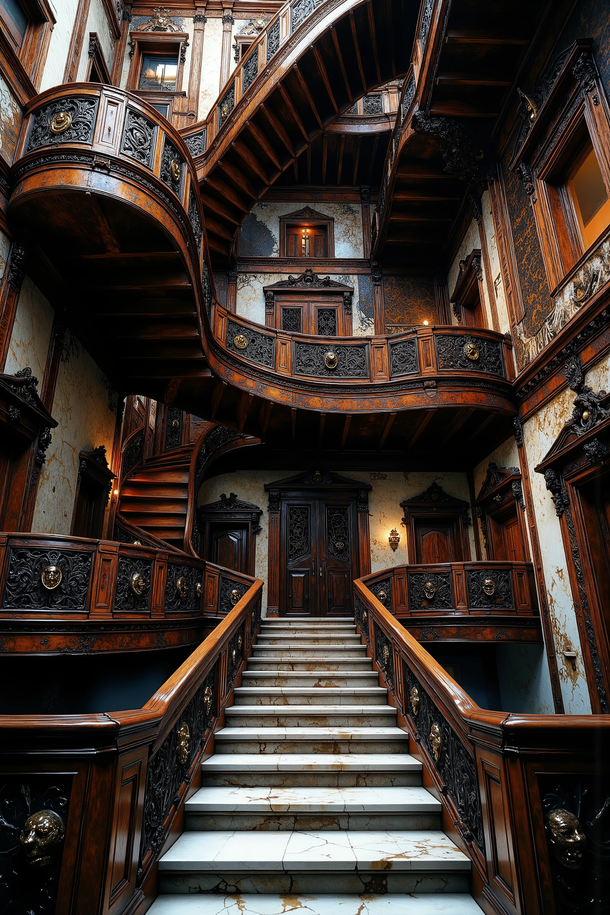 Ultra-realistic, photo-realistic, Architectural nightmare escalated: Victorian mansion dominated by infinite labyrinths of staircases - grand marble stairs spiral upwards and divide out into a spiderweb of staircases going in every direction. Each stairwell has a specific purpose and eventual location. Super-thick and ornate wooden banisters are secured to the staircases, following their complexity and providing safety.
Doors - hundreds of ornate Victorian doors of various sizes and styles seem to be randomly placed but each has a stairwell and banister to reach it. Each door bears unique, haunting details - brass knockers shaped like screaming faces, doorknobs that seem to turn on their own, keyholes that leak black ichor. All doors are different, some with windows and visible rooms behind them, some with triple padlocks keeping them shut.
Main staircase splits into five directions mid-flight - each section leading to different endpoints: Secondary staircases appear and disappear around corners, visible only from certain angles, creating a perpetual sense of architectural impossibilities.
Walls have plaster that comes right off the walls and creates handholds or furniture like benches to rest on.
The marble stairs are thick white pieces of art, and all banisters are thick expensive hardwood. All has the look of extreme wealth and luxury. All is rendered in ultra-realistic photography style. Professional lighting emphasizes architectural impossibilities while maintaining photographic authenticity. Ultra-realistic, photo-realistic, ultra-detailed, physically-based rendering, professional movie quality images, icon style, iconic characters, macabre, spooky, scary, startling, stunning, visually intoxicating, freaky, odd, unusual, avant-garde, unique, innovative, striking, captivating, mesmerizing, hypnotic, trance-inducing, mind-bending, consciousness-expanding, enlightening, cinematic photography, cinematography, full focus, highest quality images, cinematic lighting, dramatic atmosphere, 16k, unnerving, unsettling, disturbing, twisted, surreal, disquieting, startling, bizarre, creepy, weird, haunting, masterpiece.