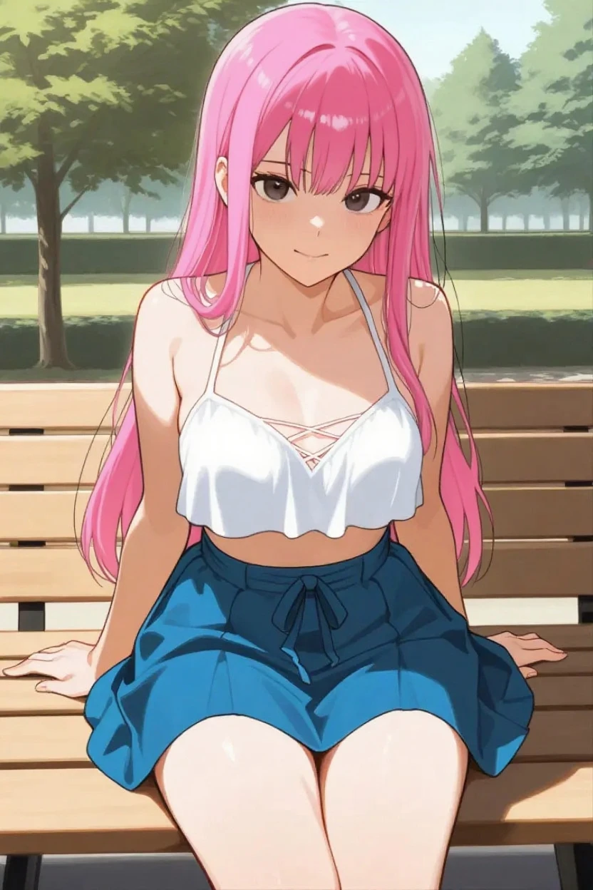 1 girl, alone, hahari hanazono, long hair, bangs, (green eyes: 1.2), pink hair, flower, hair flower, green eyes, smile, outdoors, street, sitting on bench, (tank shirt: 1.5), black shirt,cleavage,bare waist,blue jeans,tight jeans,from behind,looking at viewer,pov:(from below) (masterpiece: 1.2), best quality, high resolution, Unity 8k wallpaper, (artwork : 0.8), green eyes (beautiful detailed eyes: 1.6), extremely detailed face, perfect lighting, extremely detailed CG (perfect hands, perfect anatomy), large breasts, medium waist. , wide hips, medium thighs, round butt