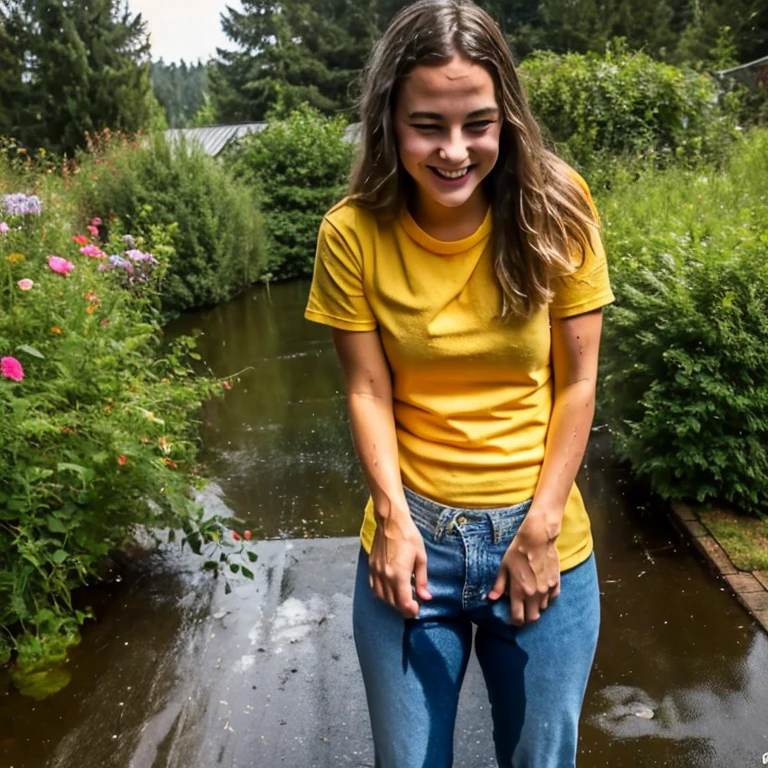 1girl, panties, t-shirts, detailed face, looking at viewer, smile, flooding puddle, (wild shrubs:1.2), small rickety hut, outdoor, direct sunlight, natural light, photorealistic, cinematic lighting, dirty muddy clothes, (13yo, cute:1.2), (breasts:1.2),