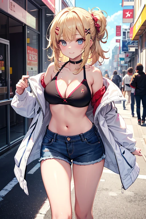2D Anime Style、Blue eyes、Beautiful shining eyes,  (Talented lo-fi:1.3),breasts are slightly larger、high and beautiful nose,Beautiful profile with a slender outline,Cool adult woman with short blonde hair and angry expression......................、Facing to the side,Fashion that shows your stomach and cleavage, he is wearing a red top and shorts、and is wearing a long coat。。。。。。..,walking down the streets of america,
