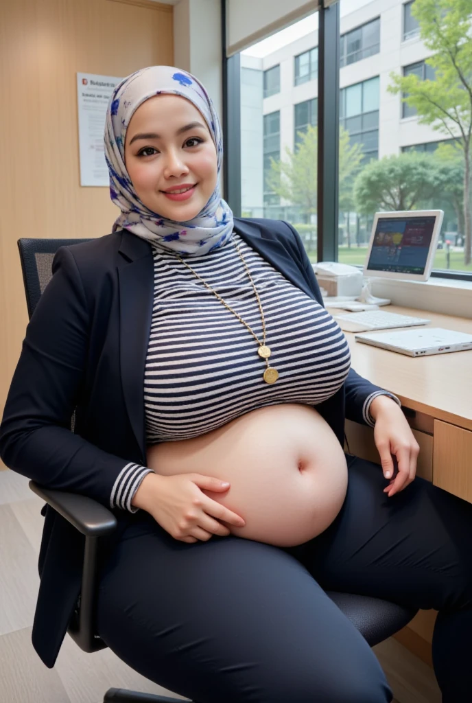 Malay milf in hijab, wearing a glasses, overweight, chubby, ssbbw, getting fat, obesse, belly getting bigger, potrait, smile, wearing a cardigan, at office, office desk, office chair, do a job