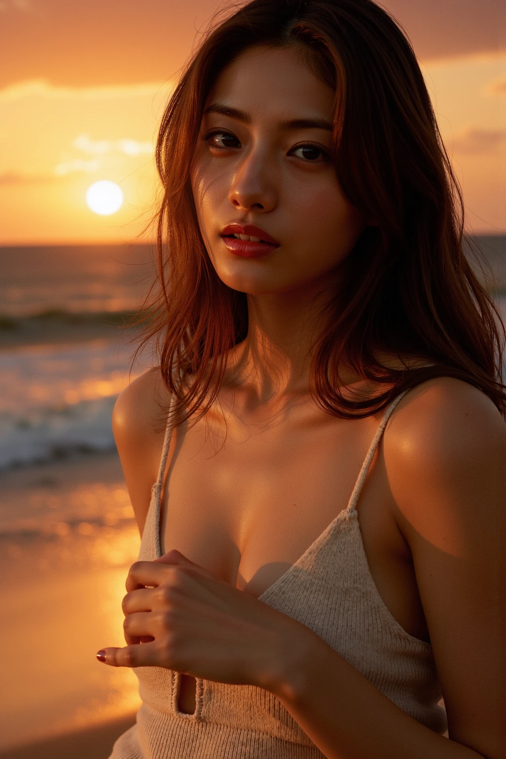 Japanese Brown Bikini Smooth and soft skin Delicate hair tousled by the wind Ocean summer night Sandy Beach Starry Sky A huge, dreamy and realistic full moon Professional Lighting