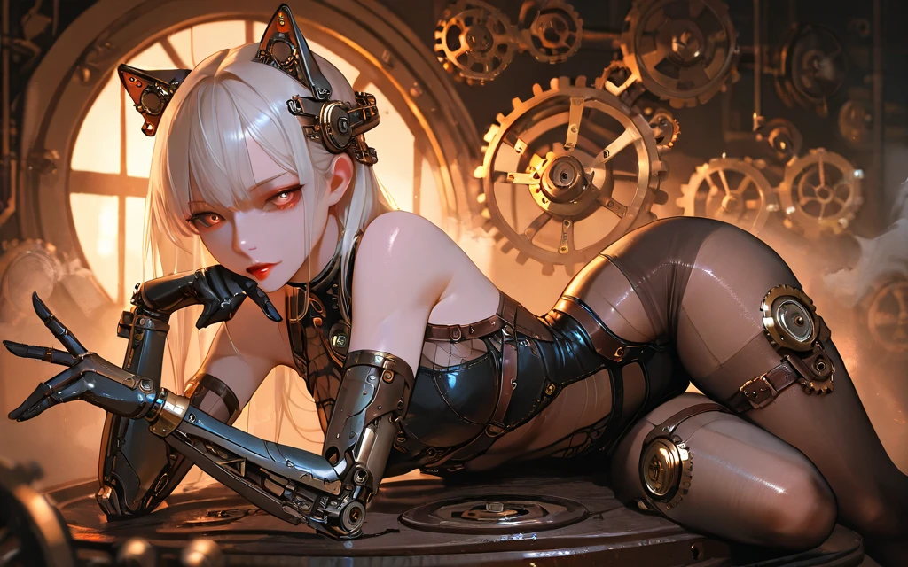 nsfw, 1girl, 1boy, povfellatio, fellatio, blow job, suck cock, suck penis, ((sex scene)), cyberpunk, robotic armor, (masterpiece: 1.4), (8K, realistic, raw photo, best quality: 1.4), nipple areola shape clear, nude, Japanese girl, beautiful cute face, (real face: 1.4), perfect pussy, beautiful hairstyle, realistic blue eyes, beautiful detail eyes, (real skin: 1.3), beautiful skin, attractive, ultra high resolution, ultra realistic, off-sheller, night view, shiny moon, burning city, post apocalyptic world, cinematic lighting, white colored hair, long hair, twintails with pony, blue ribbons, alien spaceship, futuristic fantasy, sitting on machine, legs open