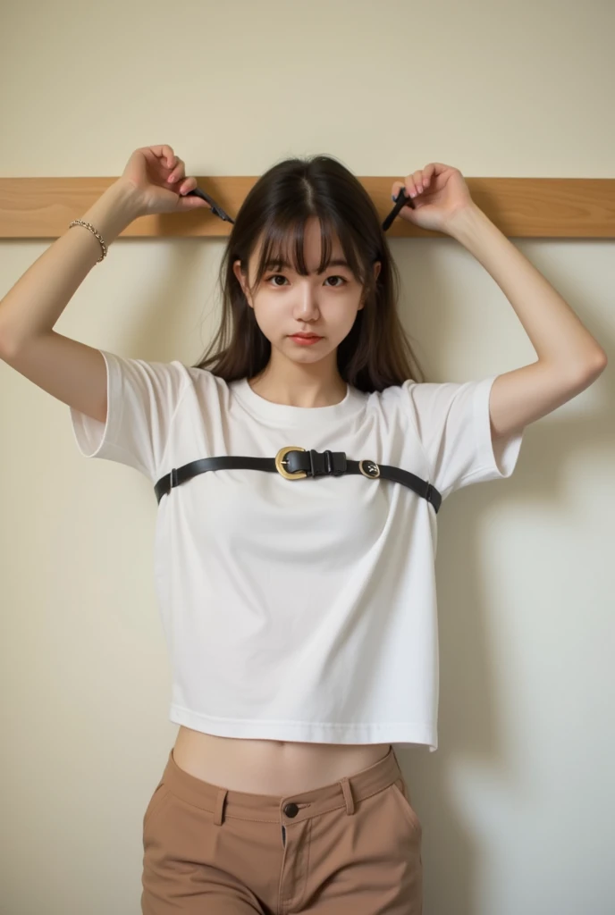 Beautiful woman tied up and bound、Well-formed face、Even out the eyey hands are tied with ropes、Align your feet、Bright room in the hotel、Short sleeve shirt、Place on a chair、20talent、Medium、as in real life、Highest quality、