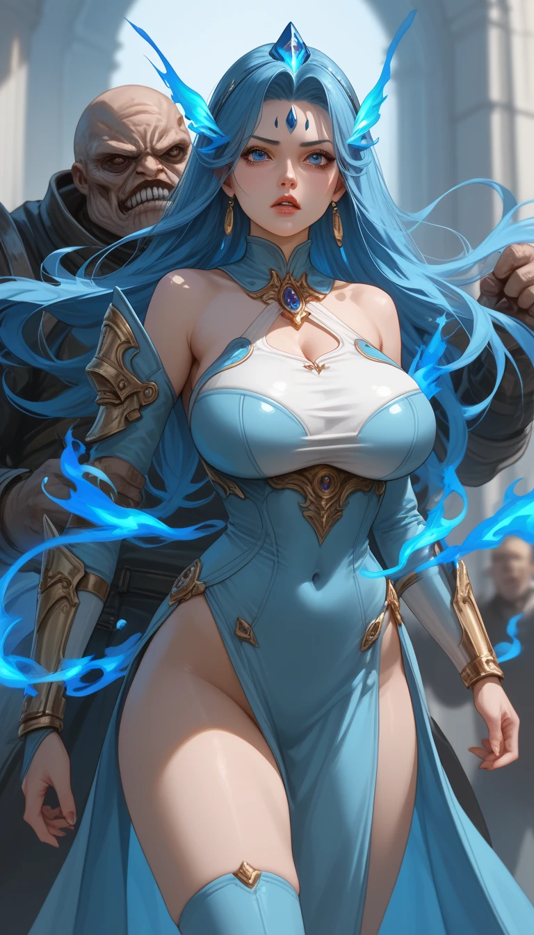 8k、A dark elf paladin in gorgeous blue and white chest armor..、Super Beauty(Realistic)、Tan Skin、Elf Ears、Model Chute Style、(非常にdetailedなCGユニティ8k壁紙)、Full body photos of the most beautiful works of art in the world、Front 4 poses、Blue Hair、Gorgeous blue and white long combat skirt、diamond、Medieval architecture、It was a hot topic on Art Station.、CG Trends、detailed、Every detail、Sharp focus、very, very big breasts、blue eyes、audience、Beautiful expression、Accentuate your cleavage、Beautiful decoration、very大きな笑顔、make、Inside the cave、Tan Skin、Beautiful Blue Hair,Rich colors、Backlight、Cinema Lighting、Film Grain、50mm lens、Nikon D850、Ultra-high resolution、Ultra-realistic、Dynamic fighting pose、In a dark dungeon、compensate,He has a light blue and silver sword,Tan Skin,very, very big breasts,Holy Knight,Russian women,Very large breasts,Blue and white long combat skirt,青と白のVery large breastsのセクシーなプレートの胸鎧(Precise flame work),
