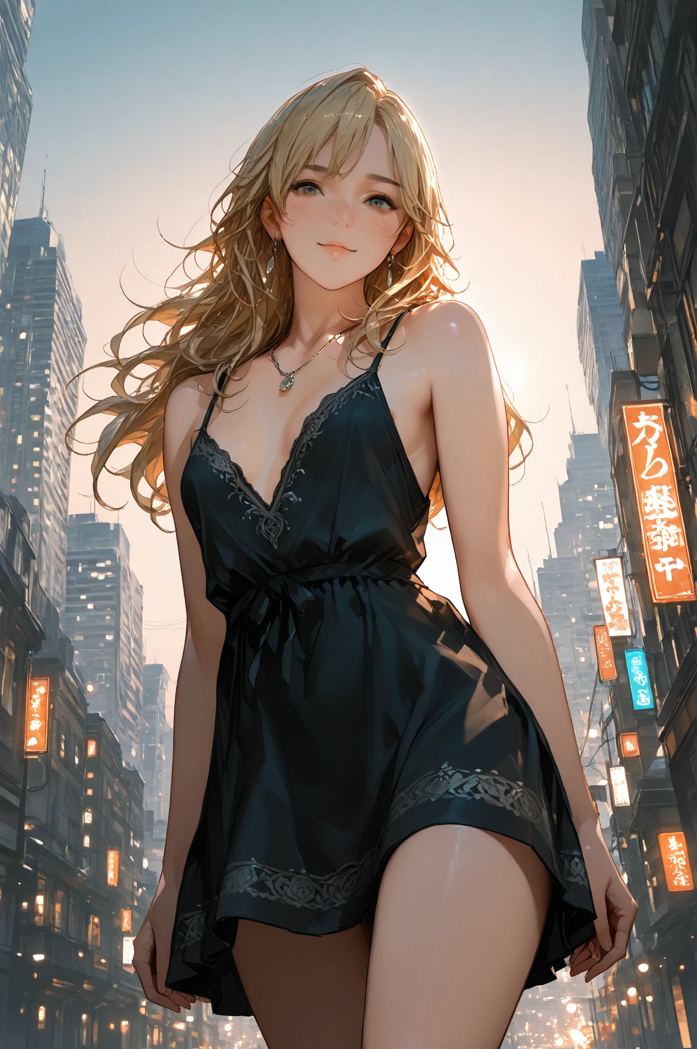 (a)best quality,4k,8k,highres,masterpiece:1.2,ultra-detailed,(realistic,photorealistic,photo-realistic:1.37),HDR,UHD,studio lighting,vivid colors,bokeh,(portraits:1.2) (a)A gorgeous woman in a white sheer night gown, beautiful detailed eyes,beautiful detailed lips,eyelashes, (medium,watercolor,sketch,illustration,drawings) rendering, (a)opens the curtains and looks out her window, (a)at a futuristic city, (a)sparkling city lights reflecting in the glass, (knit,organic) texture,smooth,flowing fabric,diaphanous, (a)garden view with lush, colorful flowers, (a)towering skyscrapers reaching for the sky, (the) feeling of anticipation,excitement in the air, (a)modern architecture and sleek design, (different) shades of blue and purple illuminating the night sky, (a)warm, soft glow from the city lights, (detailed) facial features and expressions, cityscape with flying vehicles and futuristic technology, (the) woman's hair flowing in the wind, (a)high level of detail in the surroundings, (a)sense of tranquility and elegance, (a)subtle reflection of the woman in the window, (a)sophisticated and fashion-forward atmosphere, (a)slight fog adding a mysteriously beautiful touch, (a)blurring of the city lights, (the) woman's peaceful and serene expression, (a)perfectly manicured gardens below, (a) mix of traditional elements and futuristic elements, (a) futuristic fashion style with innovative design, (a) contrast between the natural world and the urban city, (the) woman's posture exuding confidence, (a)unique and captivating composition, (a)hint of futuristic technology in the woman's surroundings, (the) woman's curiosity about the city's future, (a)calm and gentle breeze, (soft,delicate) texture of the night gown, (the) woman's appreciation for the beauty around her.