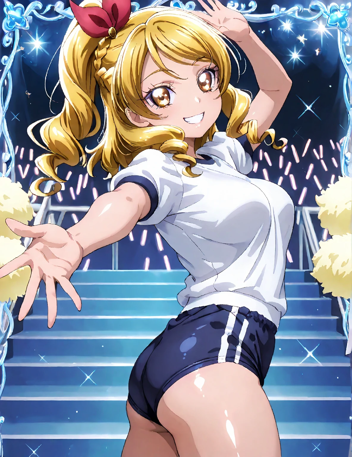 Masterpiece, best quality, minami kotori, curvy body, big breasts,solo, yellow leotard, standing in wrestling ring, embarrassed, sweating, fighting stance