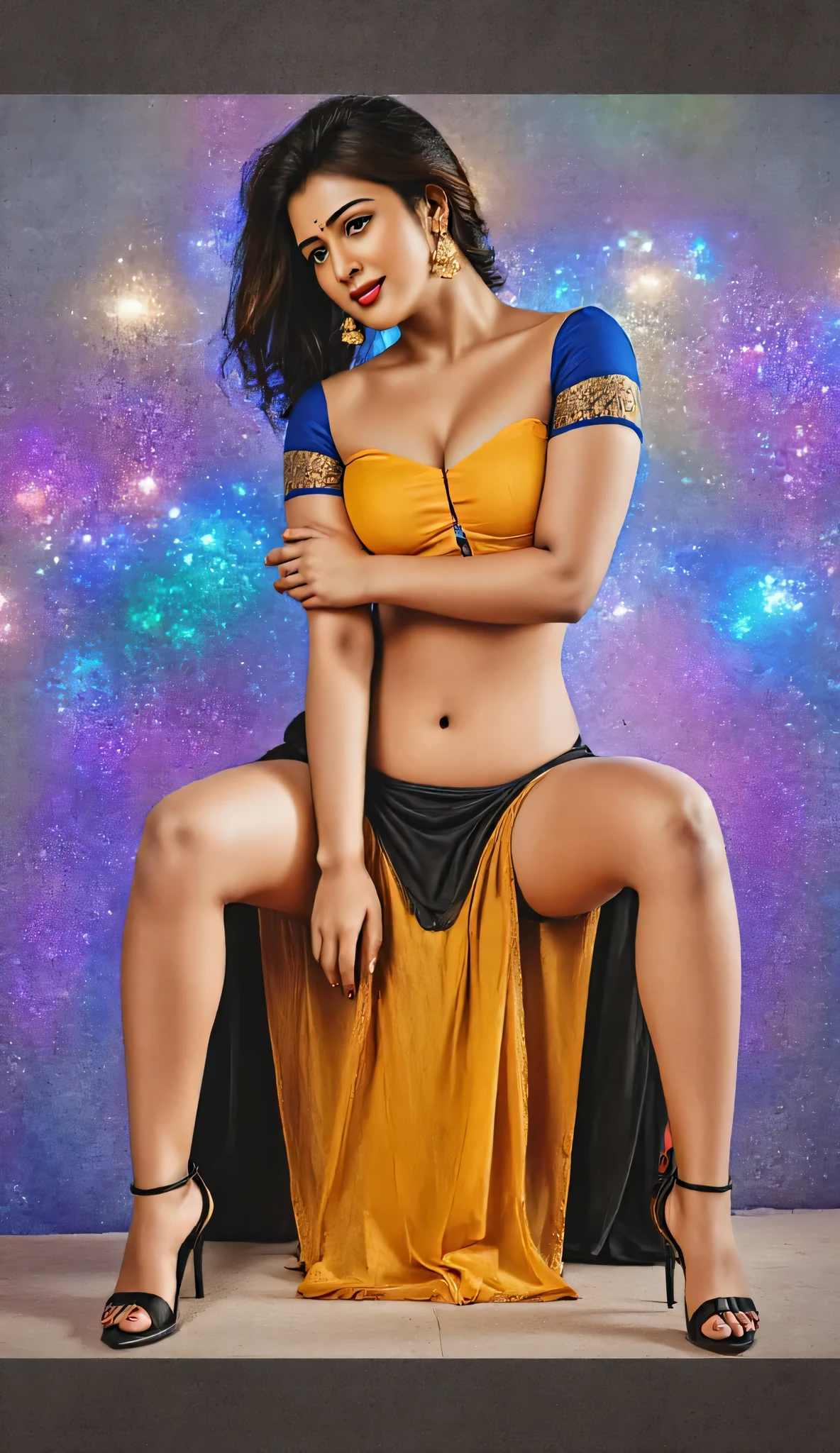 full body, front picture, young Indian woman in sexy, lesbian sex fair skin, full sex romance full indian bride look and makeup and looks red dark lips open hair indian girl sexy, wearing black leather skirt with high heels and off shoulder strapless half open blue blouse and body show visible full body with legs with high heels with face and hairstyle with off-shoulder cleavage yellow saree blouse with open hooks blouse, huge boobs, slim waist, long slight curly open black hair, big fat ass, night time, active pose, realistic, intricate details, vibrant colors.