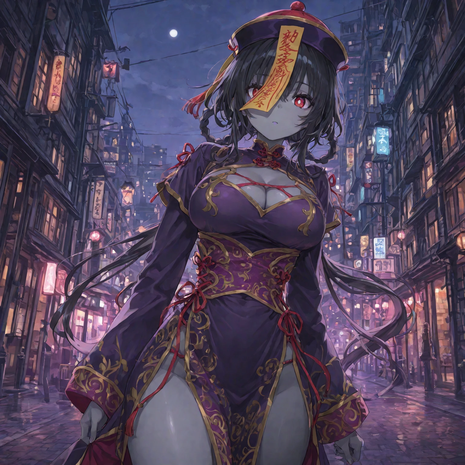 ((Highest quality)), ((masterpiece)), (detailed), （Perfect Face）、The demon woman is Shinobu Kochou, with black bob hair with purple gradation at the ends, styled in a formal evening hairstyle.、The woman is an evil man-eater and wears revealing clothing、A deserted area of the nightlife district during the Taisho period in Japan、Demon slayer