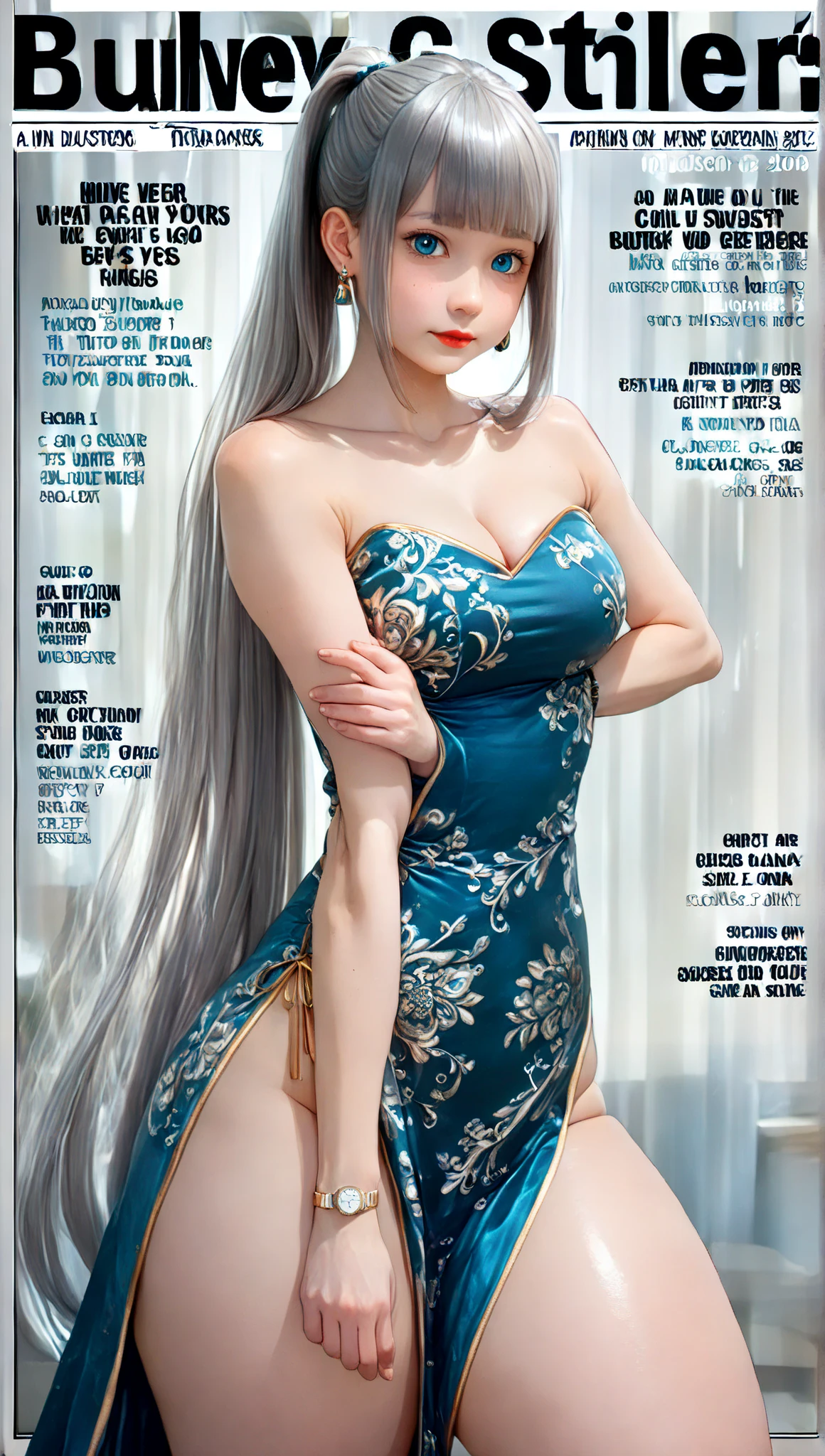 Best quality, masterpiece, ultra high res, raw photo, beautiful and aesthetic, deep shadow, fairy theme,(ultra detailed:1.3),
1girl, sitting pose, headdress, (beautiful face, detailed eye:1.2), embarrassed, drill hair, long hair, blonde hair, gradient hair, yellow eyes, solo, (busty breasts, gigantic breasts:1.1), big hair, blue hair, divine goddess, looking at viewer, indoors, royal palace, luxurious bedroom, room full of curtain, astraea, full body, print dress, off shoulder, 