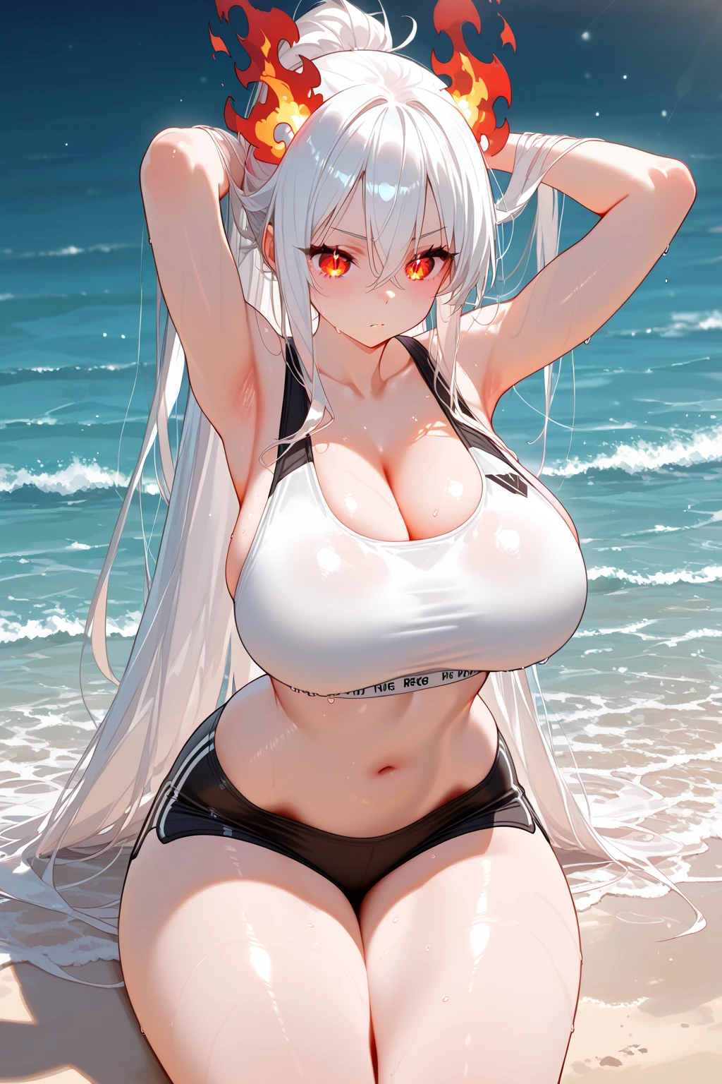 sexy women，Interesting, Wearing a slingshot bikini, tropical setting, sea beach, cabelos preto e longos, Floral decoration on hair, white color hair, red eyes，((((The largest breast in the world))))，shyexpression，Redlip，Perfect hands