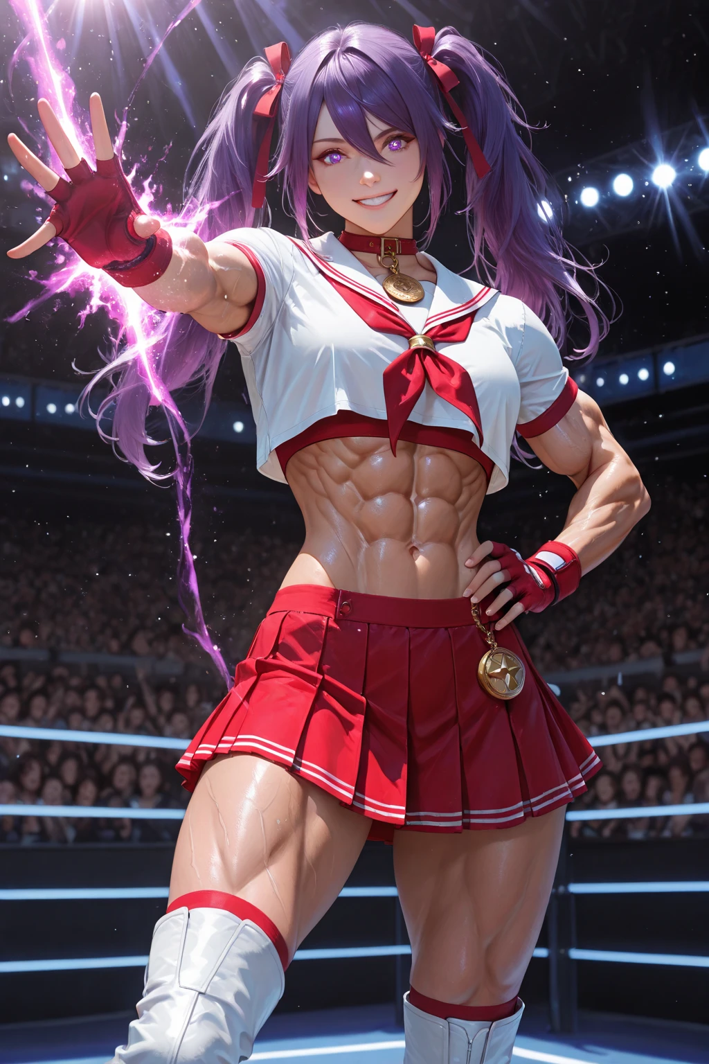 gorgeous north Chinese girl who is captain of the cheerleading team, 1girl, 18 years old, powerhouse, silky black hair, tanned skin, styled hair, 6’2” height, (wearing two piece cheerleading outfit:1.8), showing abs, (very large perky breast:1.7), (chiselled 10-pack abs, abs of steel, shredded abdominal muscle, cut lower obliques, washboard abs:1.6), muscular ass, lean, gorgeous, tiny waist, standing in school hallway, wearing make up, muscular legs, gymnasts physique, willowy