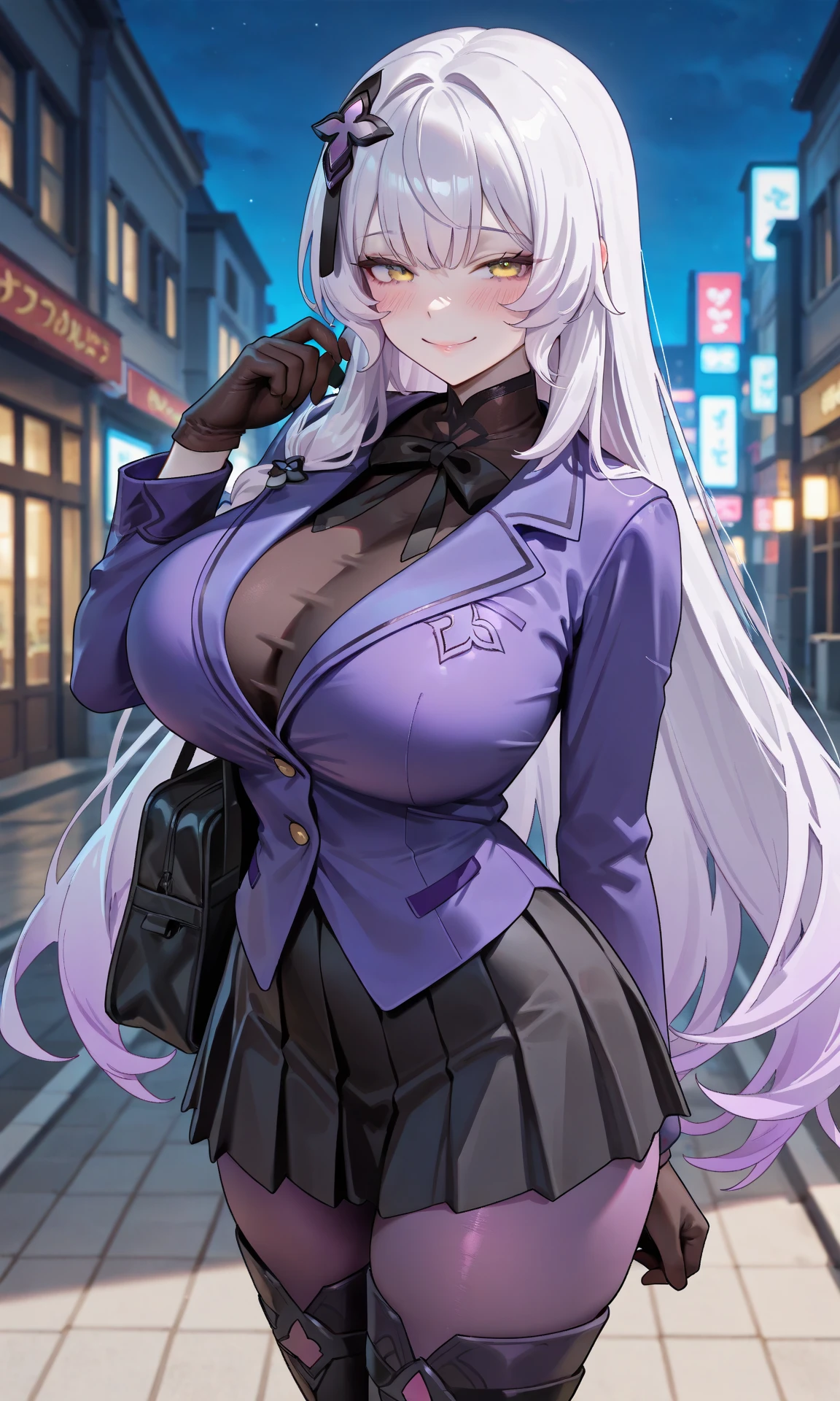 (The Masterpiece:1.6,best qulity),(silverlong hair,(Thin and beautiful blue eyes:1.2),(top of head),high - quality,beatutiful face,1girls,Leather tight-fitting skirt,Oversized leather jacket,Giant tits,long way hair,Wide buttocks,(Landscape view),Streets,backgrounds,Detailed background,Spooky smile,The corners of the mouth smile,Long coat,chemise,tiese,Office lady,