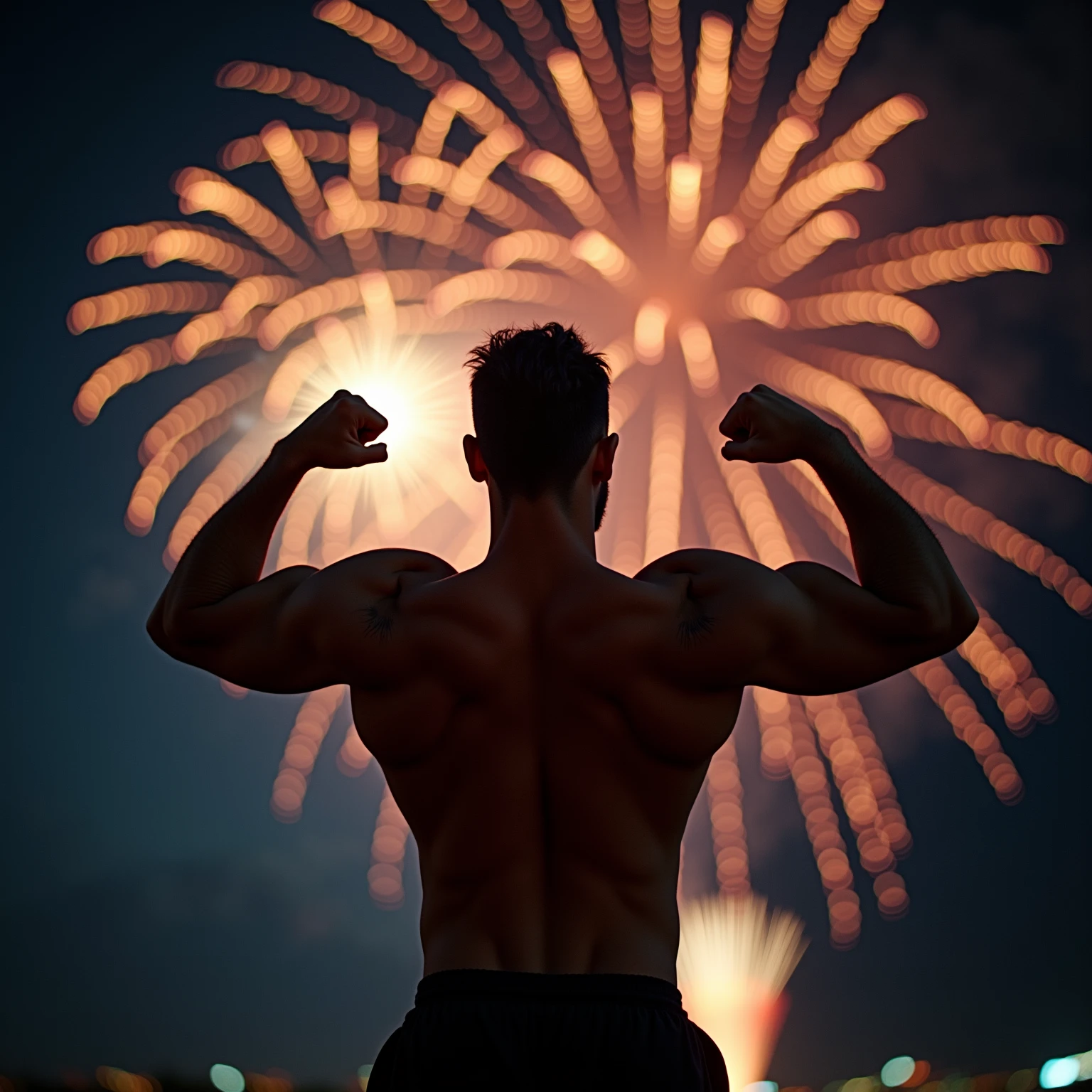 (1boy, photorealistic:1.4, ultra realistic, masterpiece:1.2, best quality, 4k, 8k) a handsome 21-year-old male model nude, standing in a grassy field at night, backside facing viewer, perfect butt, watching a beautiful fireworks display in the sky, dark shadows