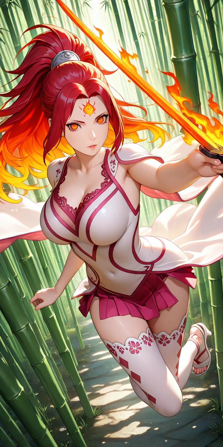 (masterpiece, best quality:1.2), extremely detailed, detailed hair, intricate details, finely detailed, [[soft lighting, volumetric lighting]], mature female, 1girl, solo, looking at viewer, upper body,close up , arms up, arms behind head, lying, on back , muscular, muscular female, abs, navel, thick thighs, huge breasts, (laced, laced dress,laced legwear ,laced footwear ,laced clothes ,laced cutout) , (hair down ,messy hair, hime cut , orange hair ),, surprised , sweat,, freckles,blush , dark skin, lipstick, makeup with a cave entrance in the background, crimson poppy field in the foreground , <lora:shadV5LOL-000011:1>