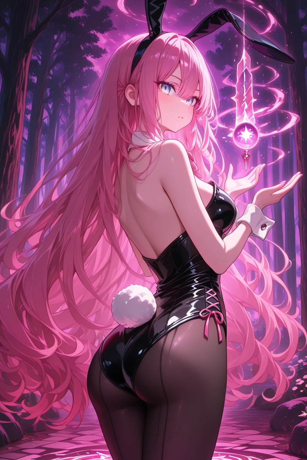 Girl, long pink hair, curvy body, dog leash in her neck, big black underwear, on all fours, nightclub background