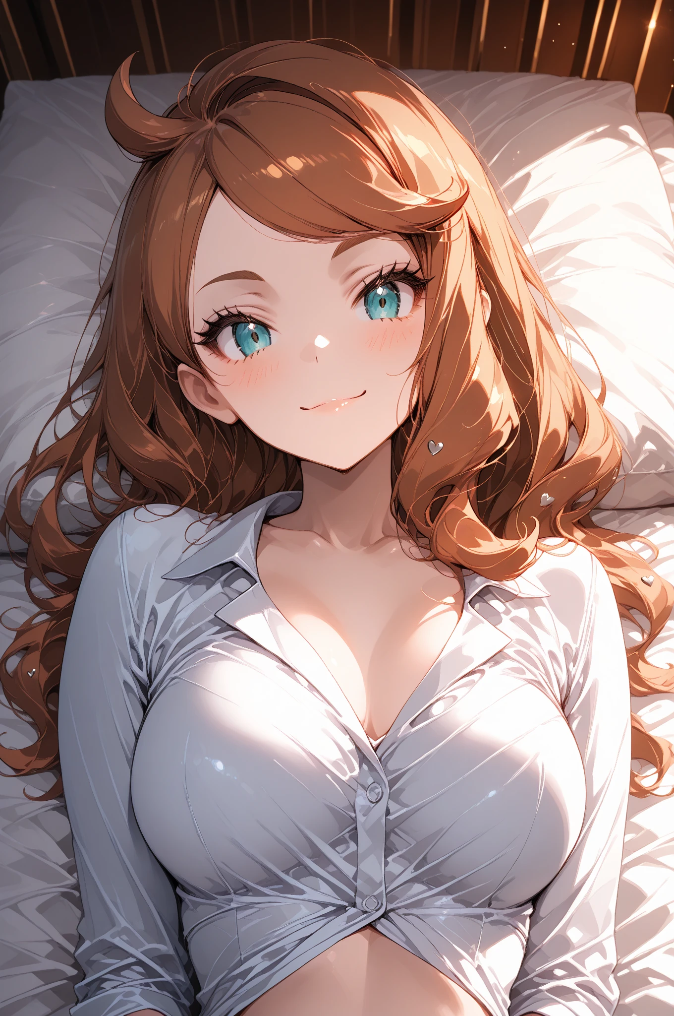 (masterpiece)), (highest quality), (detailed), (1 girl), look at the beholder, The expression is a smile, close to camera,clothes with open chest,medium chest,lying in bed,The hair length is medium,wearing ,