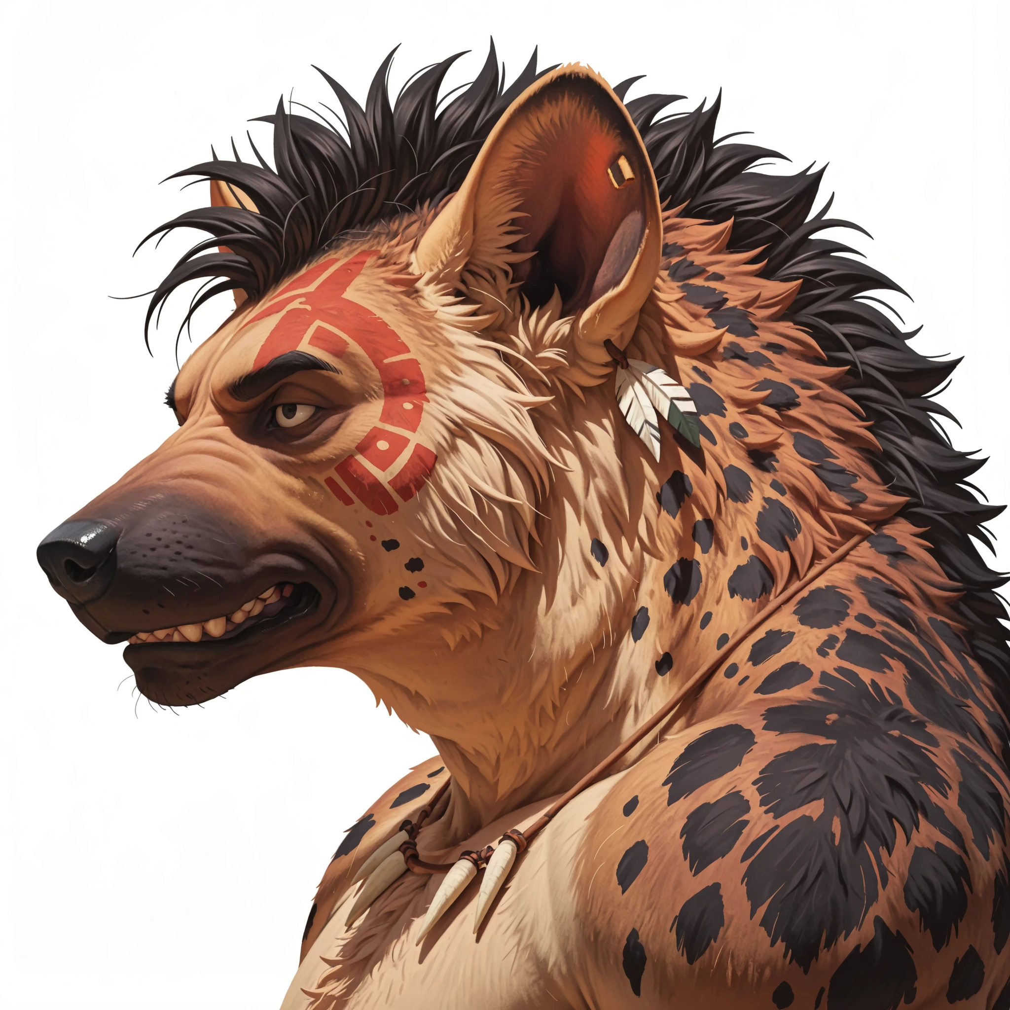 (masterpiece, realistic, top detailed, top detailed face:1.2), anthro, brute hyena:1.2, solo:1.5, bust portrait, big strongman:1.8, ((male)), tribal accessories:1.5, naked, (super detailed, super detailed face), best art, 8k, (by meesh) sharp, art stile, masterpiece, best quality, halfbody, kemono, simple background, side view:1.3, 5 fingers, claws, headshot,
