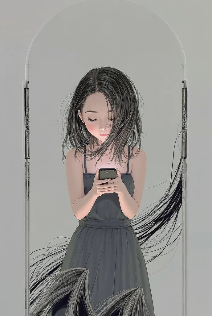 (masterpiece, highest quality, ultra high res, ultra detailed:1.3), 1 girl, slender body, (black hair:1,4), very long straight hair, white simple dress, (bangs covered her face, bangs covered her both eyes:1.4), closed eyes, (crawling out from the TV screen, The lower half of her body is buried in the TV screen:1.4), looking down that viewer can not see her face,