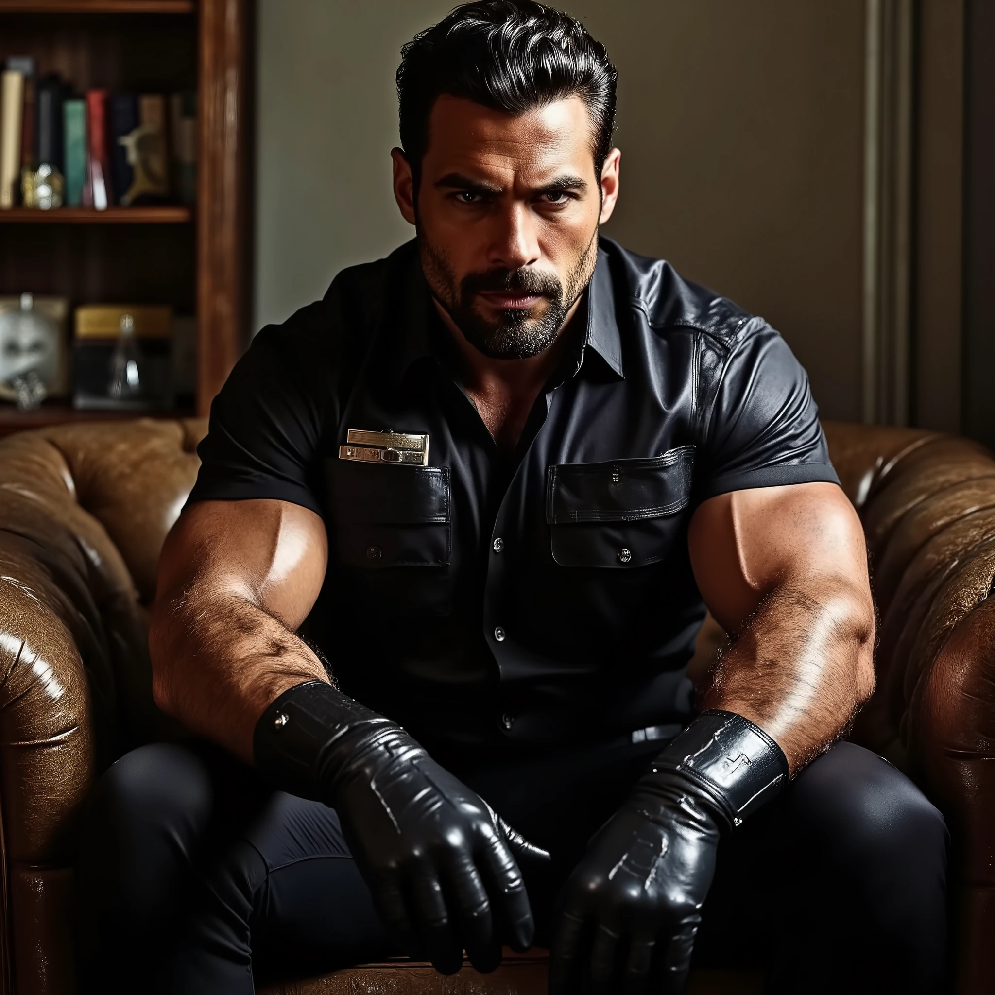 police, police officer, police officer uniform, cops, daddy, old man, handsome old man, handsome male wearing police officer uniform, muscular, muscular arms, tattooed, tattooed arms, veiny, buzz cut, necklace, earrings, seductive smile, seductive, 8k, super detail, masterpiece, textured skin, best quality, 8k, realistic, super realistic, 