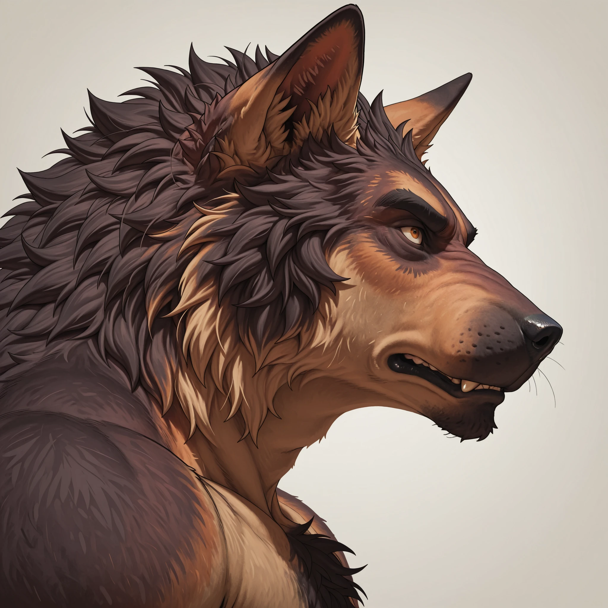 (masterpiece, realistic, top detailed, top detailed face:1.2), anthro, brute wolf:1.2, solo:1.5, bust portrait, big strongman:1.8, ((male)), naked, brown fur, (super detailed, super detailed face), best art, 8k, (by meesh) sharp, art stile, masterpiece, best quality, halfbody, kemono, simple background, side view:1.3, 5 fingers, claws, headshot,