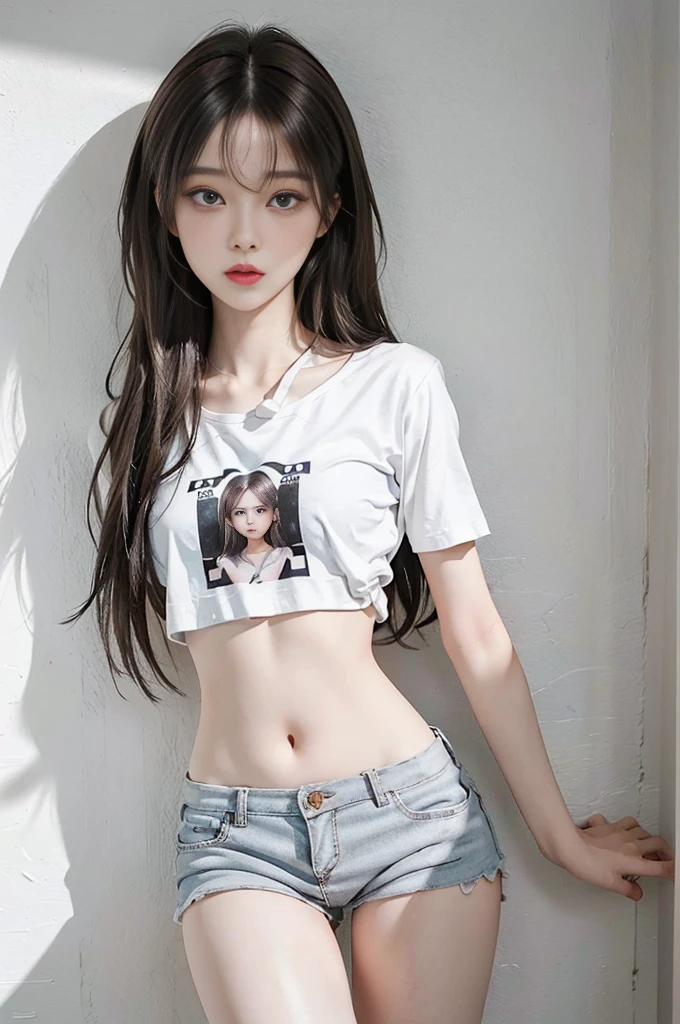 Girl in white bra and tight denim skirt posing for photo, full body, with cropped T-shirt, bra, slim body, smaller bust, slim girl model, 24-year-old female model, lying on the construction site, a group of black men onlooking