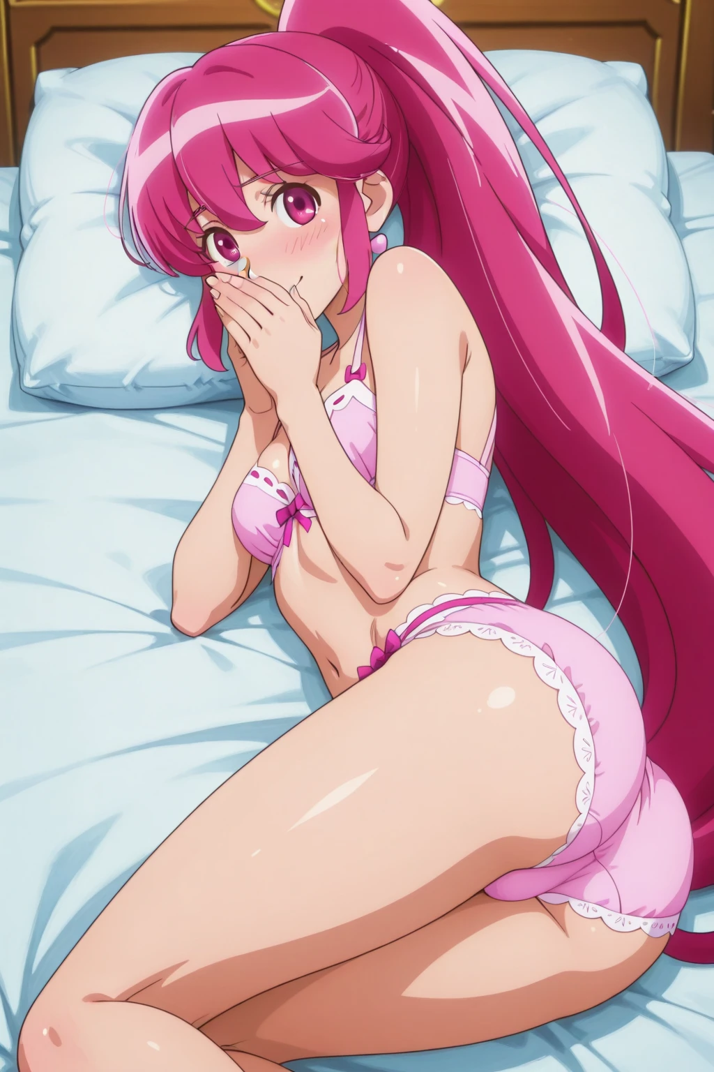 1girl, solo, euphemia li britannia, pink hair, long hair, purple eyes, double bun, lingerie, underwear, side-tie panties, ass, butt crack, embarrassed, looking to the side, bed. indoors, stuffed toy, <lora:Code geass:0.8> <lora:Euphemia_li_Britannia_XL:0.8>, score_9, score_8_up, score_7_up, score_6_up, score_5_up, score_4_up, BREAK source_anime, masterpiece