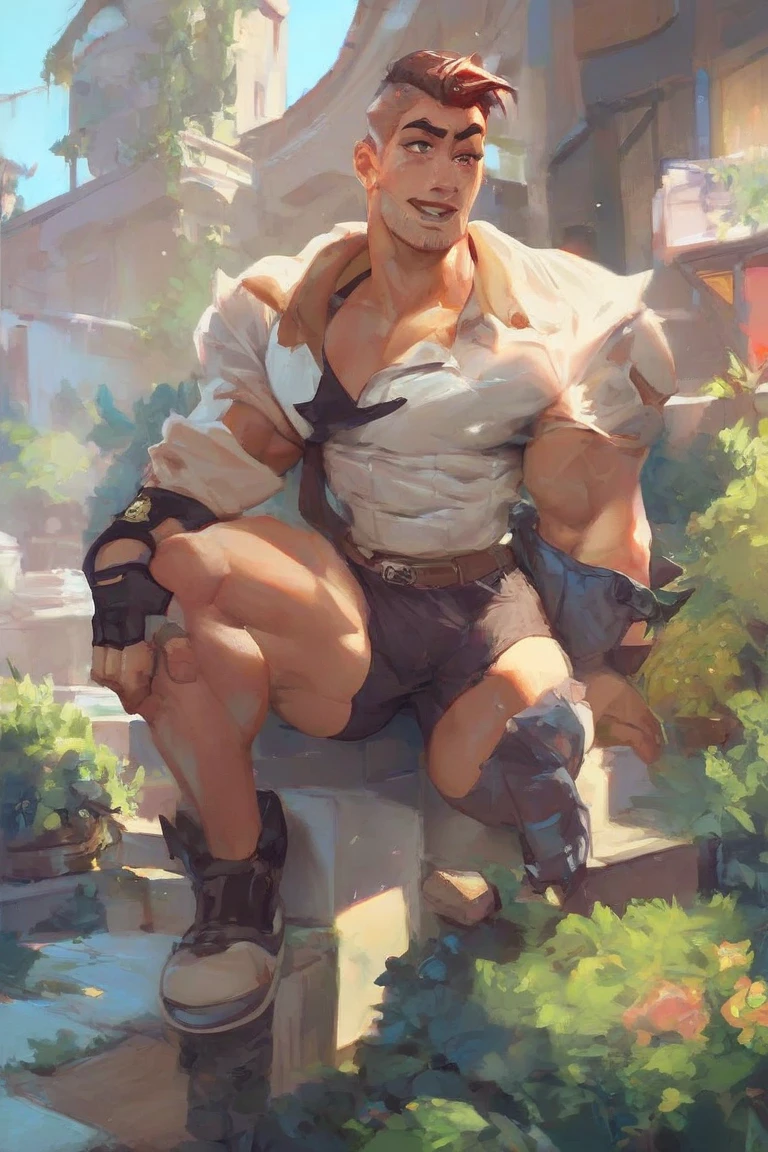 ((Best Quality, 8K, ultra-detailed, Masterpiece: 1.3)) beautifully illustrates a young boy with skin radiating in luminous brilliance and meticulously defined facets, accentuating the allure of Perfect Physical Form and stunningly realistic body contours. The captivating cuteness of his babyish countenance, (1.1), harmoniously contrasts with his dynamic stance, (1.1), which echoes the resolve and martial spirit embodied in an impressive squat, poised for combat. This intriguing pose enthralls the onlooker's gaze, directing it toward the noticeably accentuated region of his lower body, (