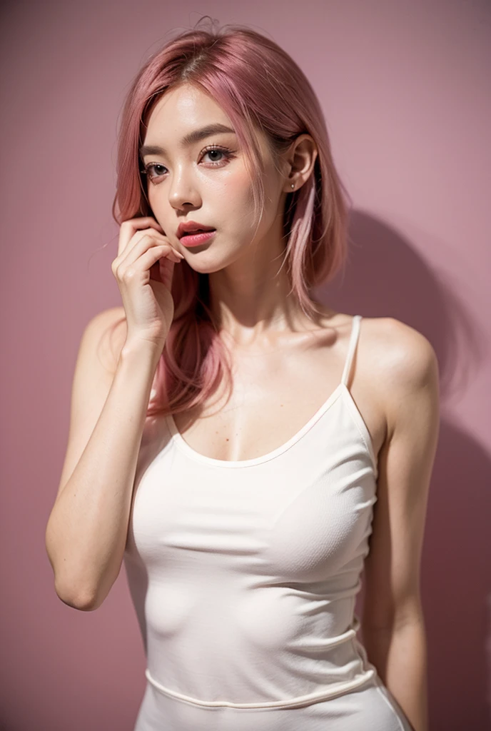 ((Good pink: 1.5)), Gravure sexy pose, (masterpiece:1.3), (8k, Realistic, Raw photo, Highest quality:1.4), (One girl), Beautiful Face, Realistic Face, (Detailed face), Beautiful hairstyle, (Detailed Hair), Realistic eyes, (Fine grain), Beautiful details, Realistic Skin, (Detailed skin), Beautiful Skin, Charm, Ultra-high resolution, Surreal, Very detailed, (Big Breasts:0.5), The Beauty of Japan, (Slim figure), kind, Brown Hair, (supermodel figures), Cute young Japanese girl, Cute young Japanese girl, (Simple gray background), Big Breasts :1.2, Emphasize cleavage, Shy, Wide Shot, (whole body), ((Good pink: 1.5))