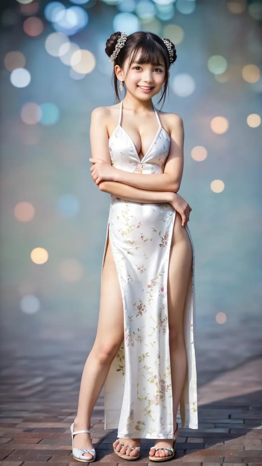 ((Best Quality, 8k, Masterpiece:1.3)), Focus: 1.2, Perfect Body Beauty: 1.4, Buttocks: 1.2, ((High Ponytail, Collarbone: 1.2)), (Short Skirt: 1.1) , (Rain, Street:1.3), Highly detailed face and skin texture, Fine eyes, Double eyelids, Whitened skin, Long hair, (Shut up: 1.3), Smile, Long legs, Full body, Best proportions of four fingers and one thumb, Smiley face, Face texture: 1.3, Sunshine, Summer, collarbone, beautiful eyes, real face, real skin, realistic face, realistic skin, detailed eyes, detailed facial features, detailed clothing features, detailed face, chest contour, tight fit, POS random, upper body silk wrap: 1.4