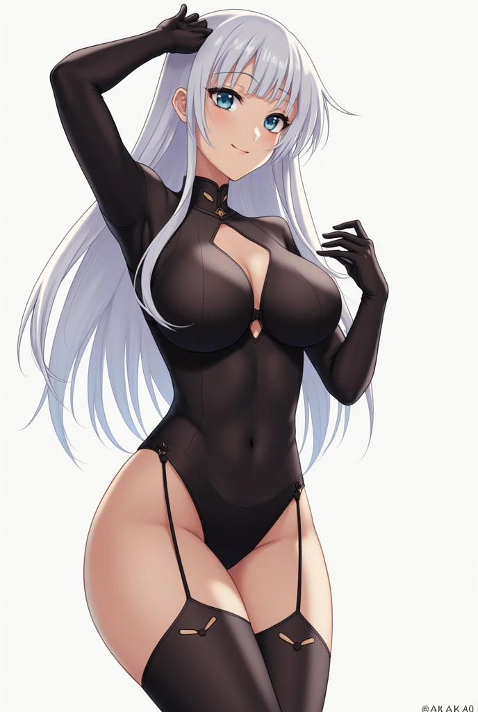Elizabeth Liones, con su uniforme de trabajo en boar hat ,Nanatsu no taizai,  cabello largo plateado, fleco tapando un lado de la cara, ojos azules piel blanca y cuerpo esbelto con pechos grandes y pesados cintura delgada y caderas anchas piernas largas, paisajes aleatorio, HD rendering full body display 1.2 