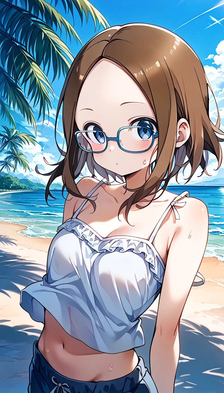 Mie Ai、1 girl、Wavy hair、glasses、small breasts、he is short、、High resolution、highest quality、detailed face、panties、beach、micro bikini、Wedgie、looking here