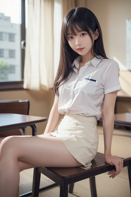 Japanese、high school student、Beauty、Facing forward、Kind eyes、Smiling Kindly、He is wearing a long navy blue short-sleeved polo shirt、She is wearing a tight grey itting in a chair、Hands outstretched、((Her white underwear is visible between her skirt and legs.))、(Wearing white panties)、She is facing the camera with both knees together.、Anatomically correct body、