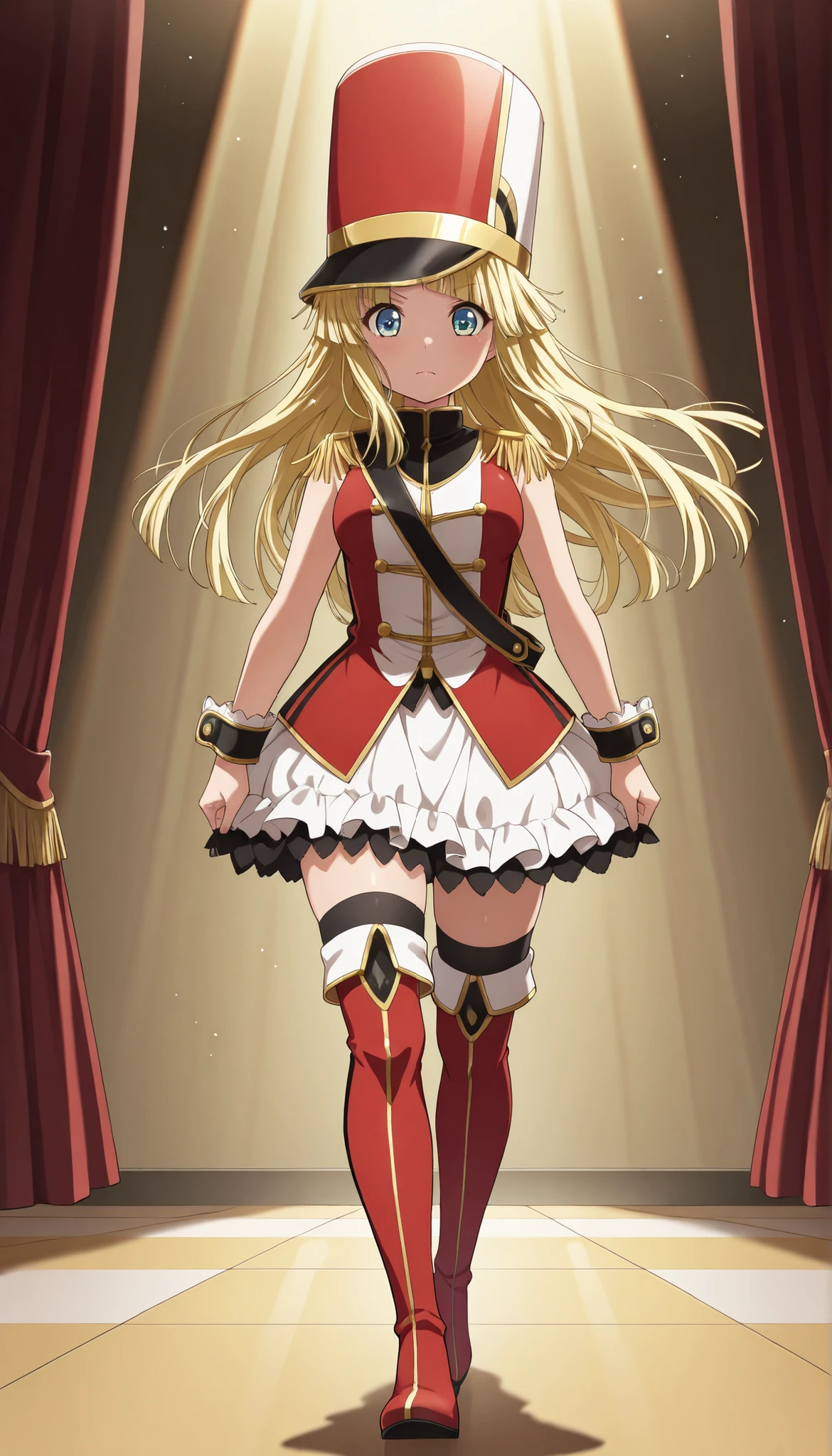 score_9, score_8_up, score_7_up, source_anime, solo, 1girl, absurdres,highres,masterpiece,best quality,amazing quality, ultra detailed anime style, anime coloring, ((disheveled hair, very good hair))), detailed eyes, perfect composition, moist skin, intricate details, very good lighting BREAK, Tsurumaki Kokoro, long hair, blonde hair, rouge lips, kokorohhw, hhw skirt, hhw shako cap, hhw band uniform, hhw wrist cuffs, hhw thigh boots , serious ,closed mouth ,,backstage , walking ,full body