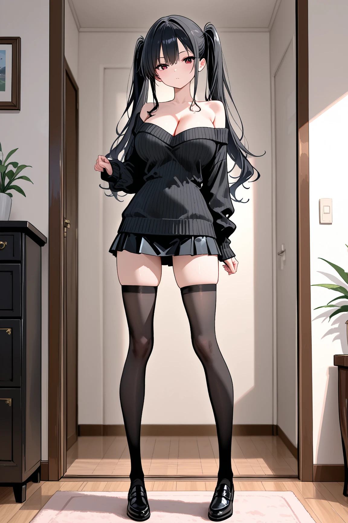 from below, sit, feet up, black knee high socks, thighs, lace baby dress, high image, super detail, high resolution, anime, manga, illustration, intelligent beauty, laugh like a prankster, happy, shy, make up, ecstatic expression, amorous expression, seductive look, flowing layered messy white glossy medium short wavy hair, sparkling blue big eyes, alluring moist red lips, large breasts, under boob, side boob, great proportion, perfect proportion, slender, full body, on the bed