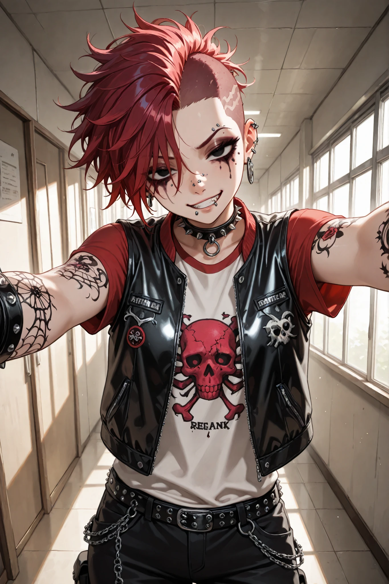 1girl, (undercut), punk style, mohawk, smirking, head tilt, mean, evil eyes, (punk girl), half-closed eyes, black eyes, clenched teeth, sadistic expression, dark-red hair, messy hair, spikey hair, nose ring, nose piercing, lip piercing, earrings, black makeup, ruined makeup, leather vest, black leather vest, tattoos on arms, skull tattoo, rose tattoo, spider tattoo, pale-red t-shirt, punk group logo on t-shirt, standing, black pants, cargo pants, studded belt, spiked chocker, looking at viewer, narrowed eyes, indoors, staring, school hallway, portrait, best quality, solo, reaching towards viewer, arm up, kabedon,