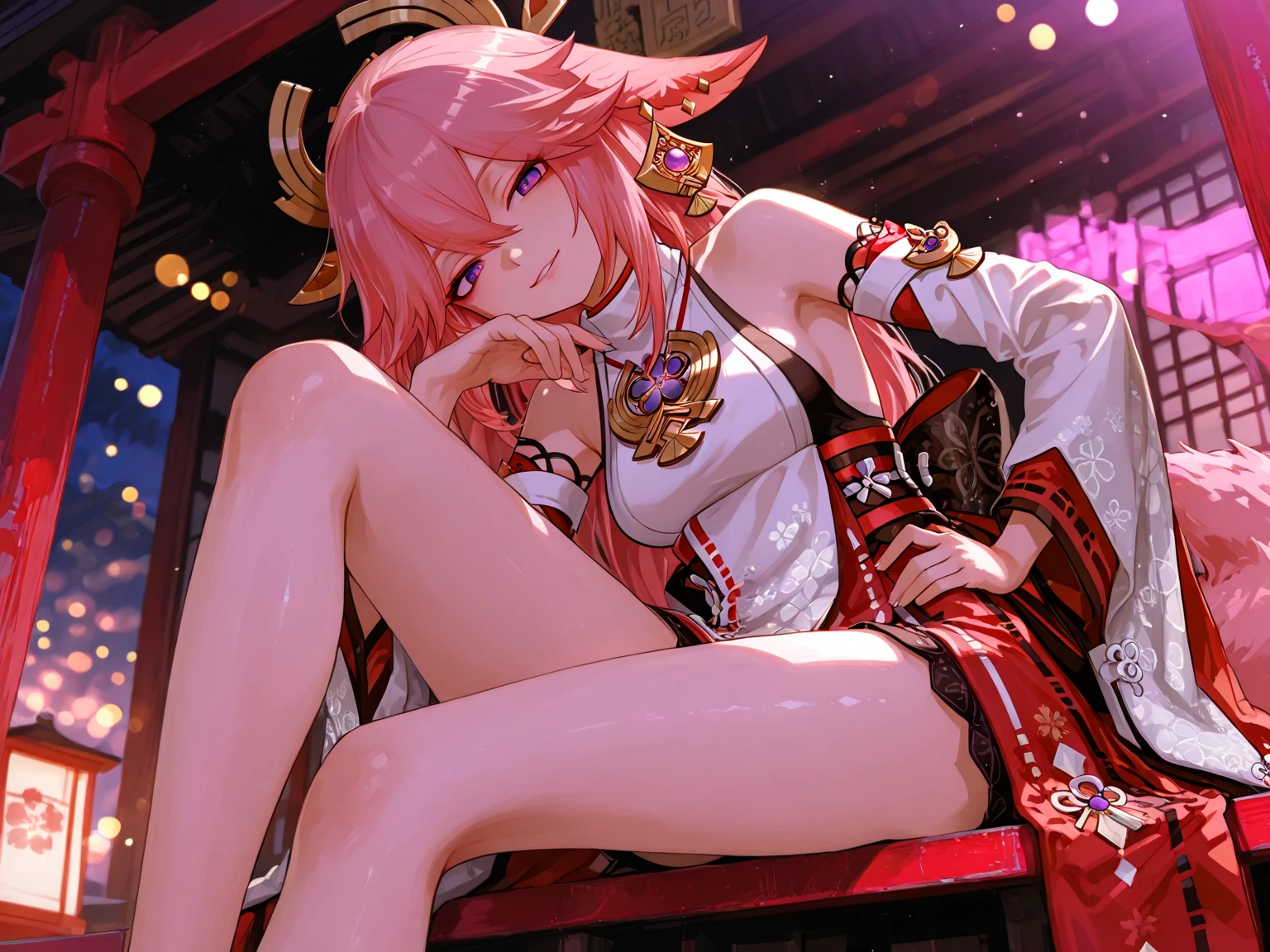 anime girl in a pink dress sitting on a balcony with a pink curtain, A scene from the《Wei Bang Ji III》videogame, Best anime 4k konachan wallpaper, Keqing from Genshin Impact, 《Honkai III》role, Ayaka Genshin impact, trending on cgstation, zhongli from genshin impact