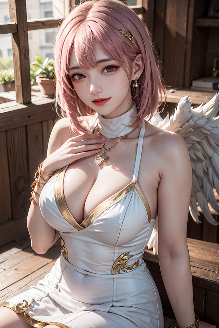 (masterpiece, Highest quality:1.3), (Very detailed:1.2), (hyperRealistic:1.3), (RAW Photos:1.2), High resolution raw color photos, Professional photos, (PhotoRealistic:1.4), (Realistic:1.4), (Pink Hair:1.5), Professional Lighting, Perfect Anatomy, (Big Breasts:1.2), (blush, Detailed face), (smile:1.7), sexy, erotic sexy, ランダムなsexyなグラビアポーズ, (An angel in a white gold off-the-shoulder sundress、so beautiful、Flowers in full bloom畑、Wearing a flower crown and smiling gracefully、The background is Notre Dame Cathedral、Flowers in full bloom々、Shining starry sky、Pearl Earrings、Pose picking flowers。:1.3)、Archangel Raphael、It has two large white wings on its back....、She looks like an angel.、Taking the form of an archangel、holding a pink rose in hand、I have an angel&#39;s halo around my head
