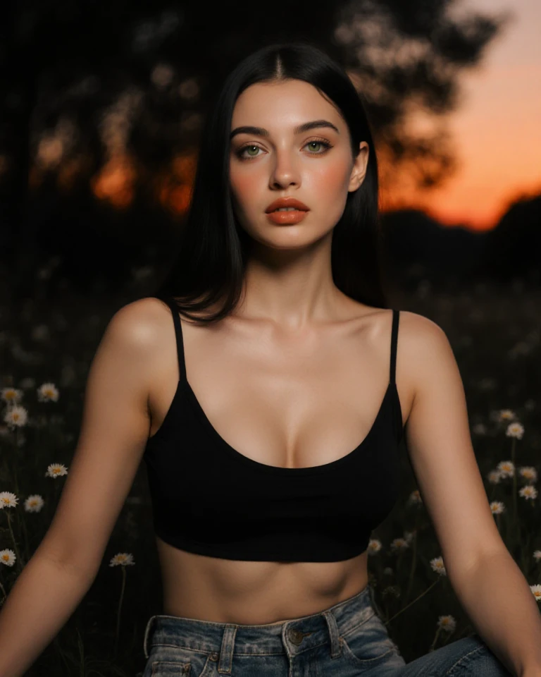 a photo of a seductive woman with loose styled dark brown hair, posing in a field of flowers, she is wearing black halter top, and skin tight black jeans with embroidered sunflowers on the pant legs, intricate details, goosebumps, flawless face, shy, prude, large natural breasts, shot with vintage 35mm camera ((photorealistic):1.2), raw