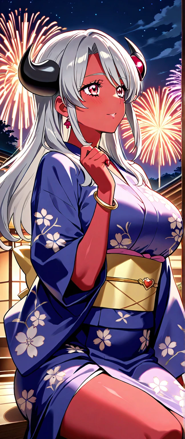 ((One personの女性)), Beautiful Face, (Laughing embarrassedly), (seductive smile:1.4), ((Wink:1.9)), (head tilt:1.3), Laugh with your mouth wide open, upper teeth, looking down at viewer, ((Bright red cheeks:1.4)),Glossy Red Lips,rooftop, firework, Glossy red lips, Shining Face, ((Anime style background)),masterpiece, Highest quality, so beautiful,up to date, Complex details, (Pink long nails), (nail art), (ring),(bracelet),(Floral choker),AI-generated, Complex,High resolution, Highest quality, super high quality,3D Images、3D Images,One person,Long blonde hair,High Ponytail, Anime woman posing for a photo,(blue eyes), ((Fine grain、Lightly pigmented blue eyes、Shining Eyes:1.3)), (Squint your eyes:1.1),a hyperRealistic , hyperRealistic , Realistic,Anime woman with long white hair, Smooth anime CG art, A woman in a colorful kimono with gold embroidery, (Pink long sleeve kimono),White floral pattern,Long flower hair ornament,Earrings,Mature Body,(Big Breasts:1.1),Tall,Abdominal muscles,Tight waist,(knee shot:1.2), (dutch angle:1.3),