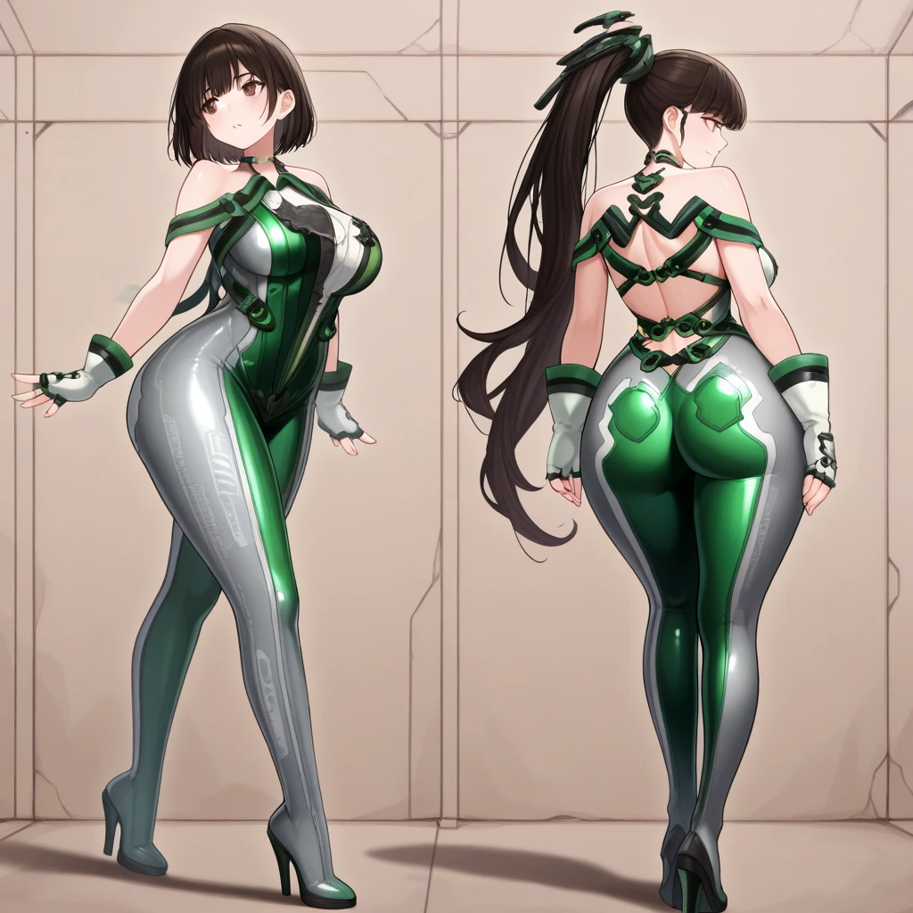 EVE Stellar Blade PS5, Priority IMAGE ID cooftm5e878c73a06qa0, DETAILED IMAGE, black hair style with bangs, NO FOREHEAD VISIBLE, hair ponytail, full body, cleavage, sexy pose, Neon GREEN BODYSUIT clothing